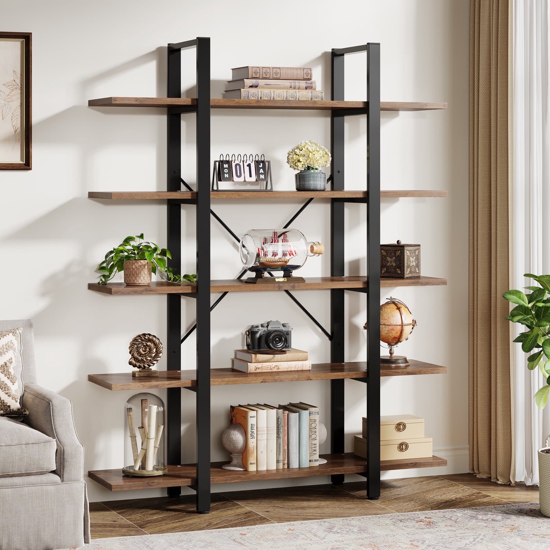 Fnova 72" Industrial 5-Tier Bookshelf, Tall Display Shelf with Metal Frame, MDF Board, Heavy-duty Storage Rack for Kitchen, Dining Room, Living Room, Office, Bedroom, Easy Assembly,Brown