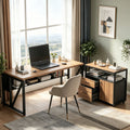 Fnova 55" Industrial Desk, 2-Piece Executive Desk Computer Desk Writing Desk with Rolling Filing Cabinet Set with Lockable Storage, Drawers for Home Office,Walnut Beige