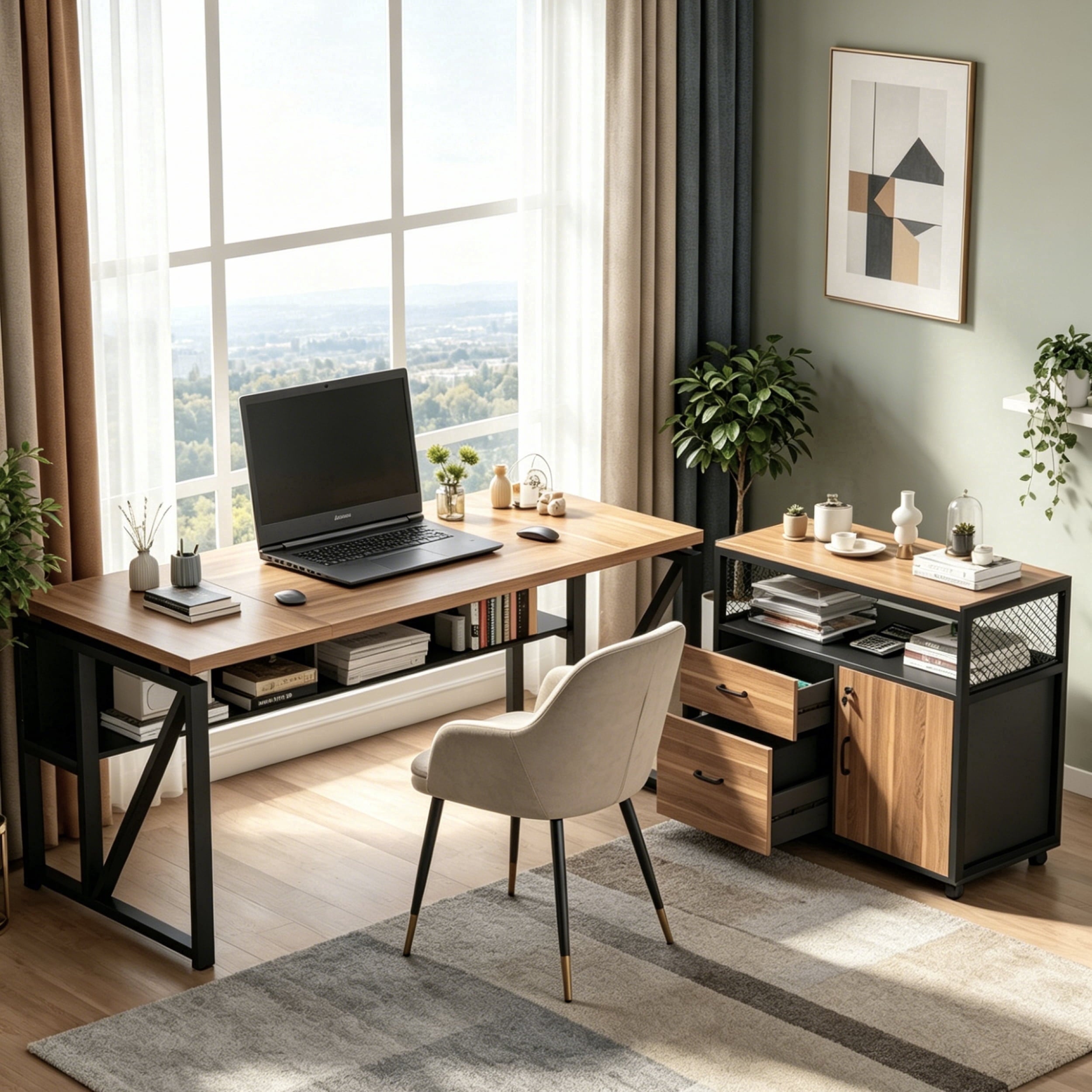 Fnova 55" Industrial Desk, 2-Piece Executive Desk Computer Desk Writing Desk with Rolling Filing Cabinet Set with Lockable Storage, Drawers for Home Office,Walnut Beige