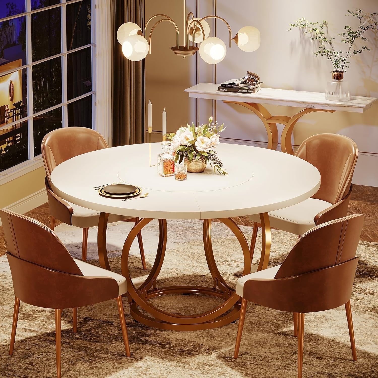 Fnova 47-Inch Round Dining Table for 4, Modern Kitchen Table with Golden Metal Frame Legs, Wooden Coffee Table, Easy to Assemble,WM010249_W_Tables