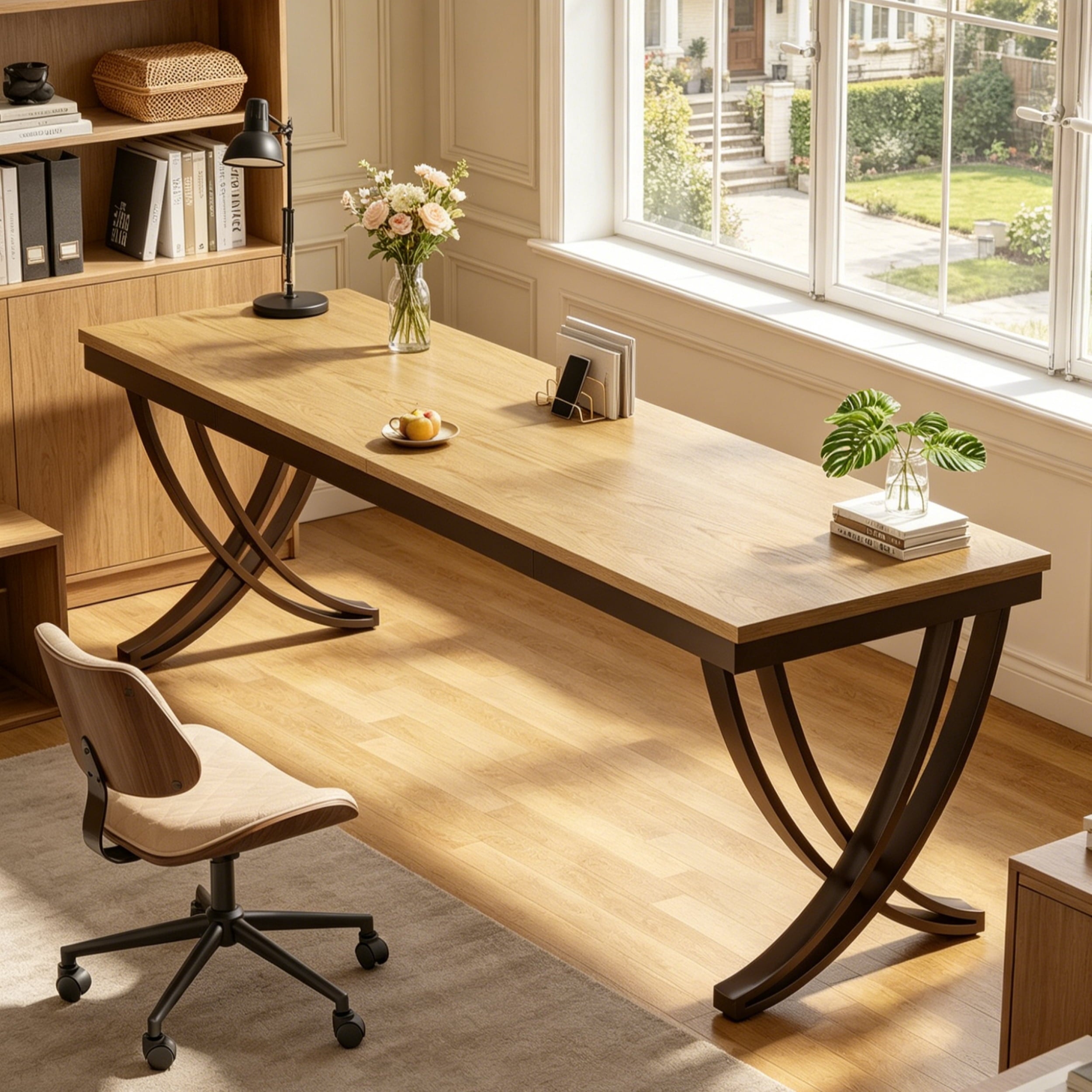 Fnova 78.74" Modern Desk, Wooden Computer Desk Writing Desk with Storage Shelf, Back Baffles & Metal Legs, for Living Room/Kitchen/Home Office, Easy Assembly,Light Brown and Black