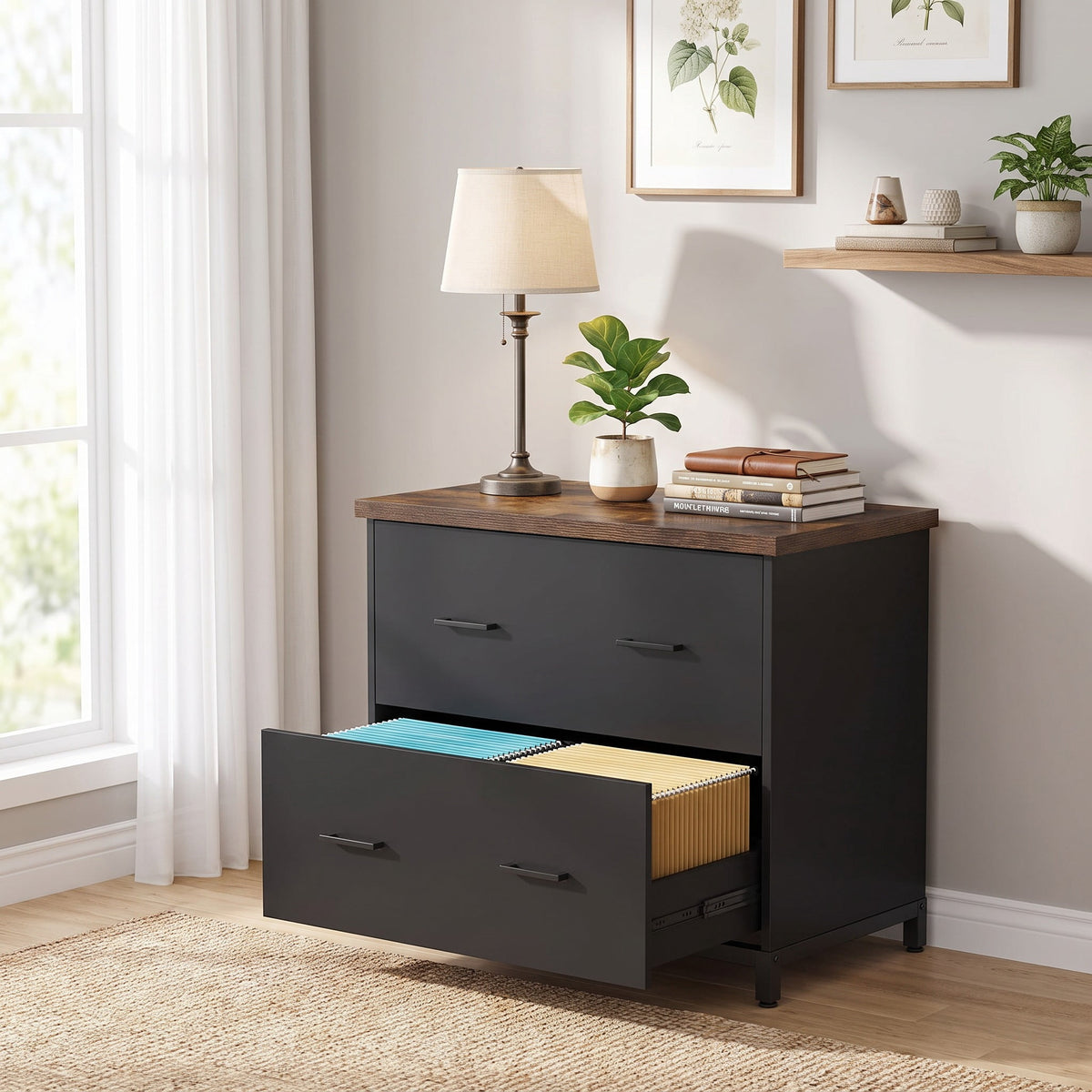 Fnova 2 Drawer Lateral File Cabinet, Filing Cabinet with Hanging Rods for Legal/Letter/A4 Folders, Modern Office Storage Organizer with Printer Stand, Home Office Furniture,WM010628_B_US