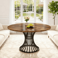 Fnova 47.24" Farmhouse Round Dining Table for 4 People, Modern Wood Tabletop Coffee Table with Metal Frame for Kitchenfor Dining Room, Brown,Brown