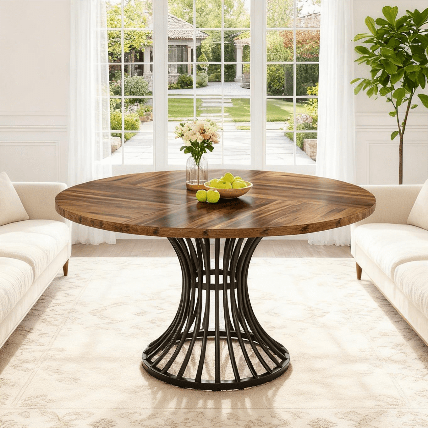 Fnova 47.24" Farmhouse Round Dining Table for 4 People, Modern Wood Tabletop Coffee Table with Metal Frame for Kitchenfor Dining Room, Brown,Brown