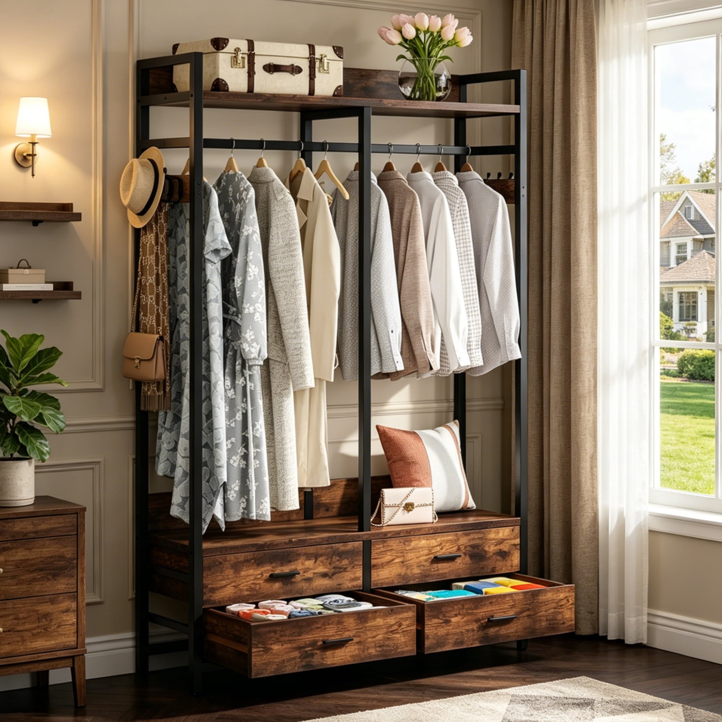 Fnova 71-Inch Clothes Rack with Shelf and Hanging Rod, 4 Drawers Freestanding Closet Organizer, Heavy Duty Industrial Hall Tree Garments Rack for Small Space, Bedroom, Brown,WM010510_BN_Rack