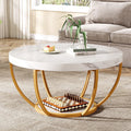 Fnova Coffee Table with 2 - Tier Storage, 32" Round Coffee Table with Metal Legs, Modern Rustic Style Center Table for Living Room, White and Gold,White and Gold