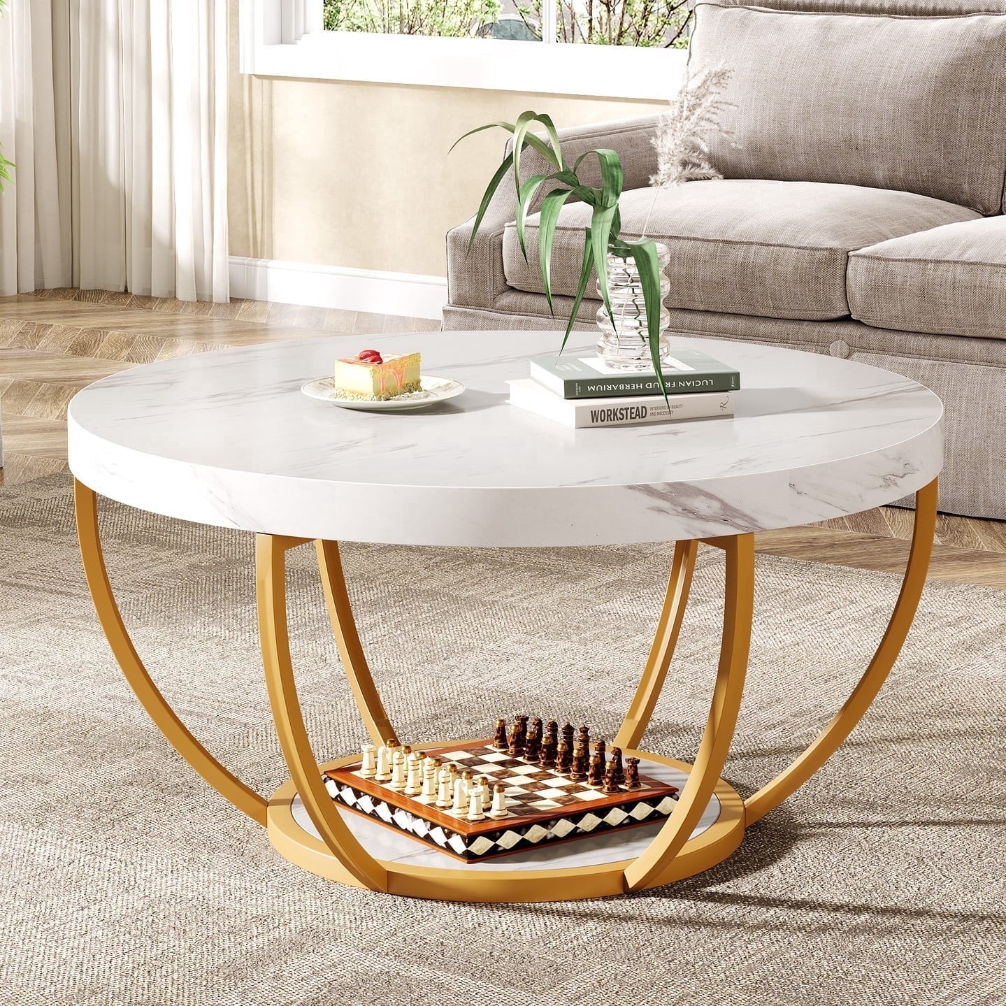 Fnova Coffee Table with 2 - Tier Storage, 32" Round Coffee Table with Metal Legs, Modern Rustic Style Center Table for Living Room, White and Gold,White and Gold