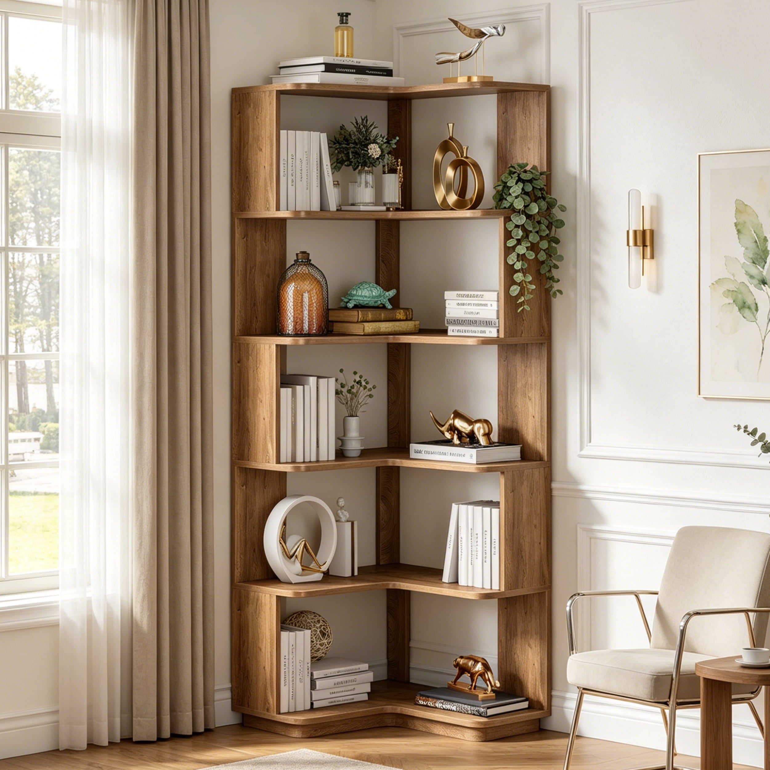 Fnova 64.9" 6 - Tier Industrial Corner Bookshelf£¬ Modern Wood L-Shaped Bookcase with Anti-Tip, Freestanding Corner Display Shelf Storage Organizer,Light Brown