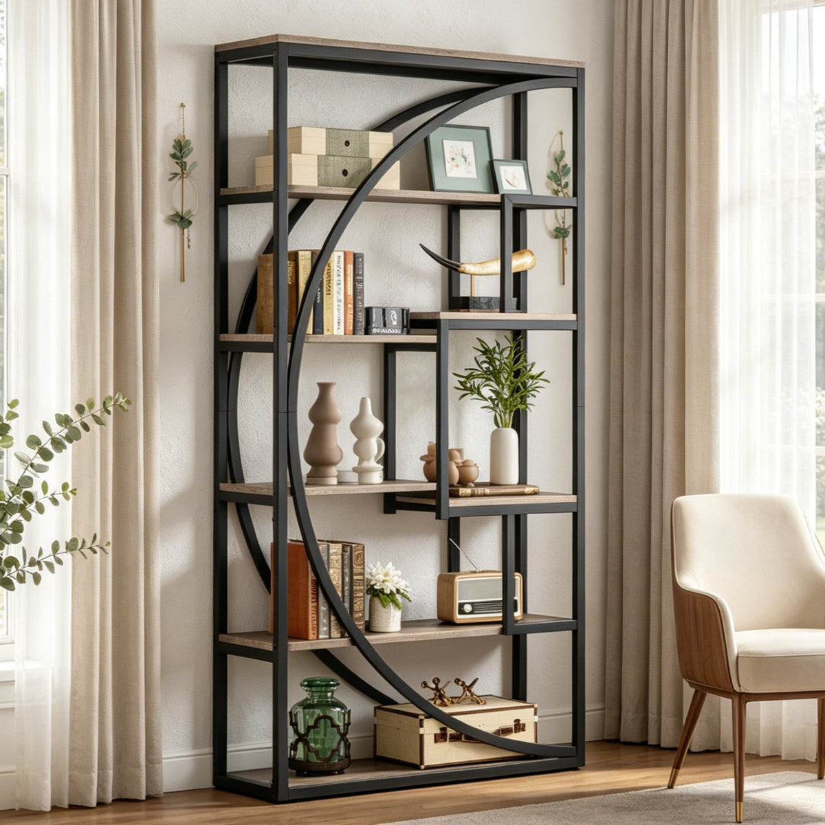 Fnova 70.8-Inch Industrial Storage Shelf Unit, Geometric 5-Tier Open Bookcase Display Shelving for Living Room Bedroom Home Office Entryway,WM010548_GB_US