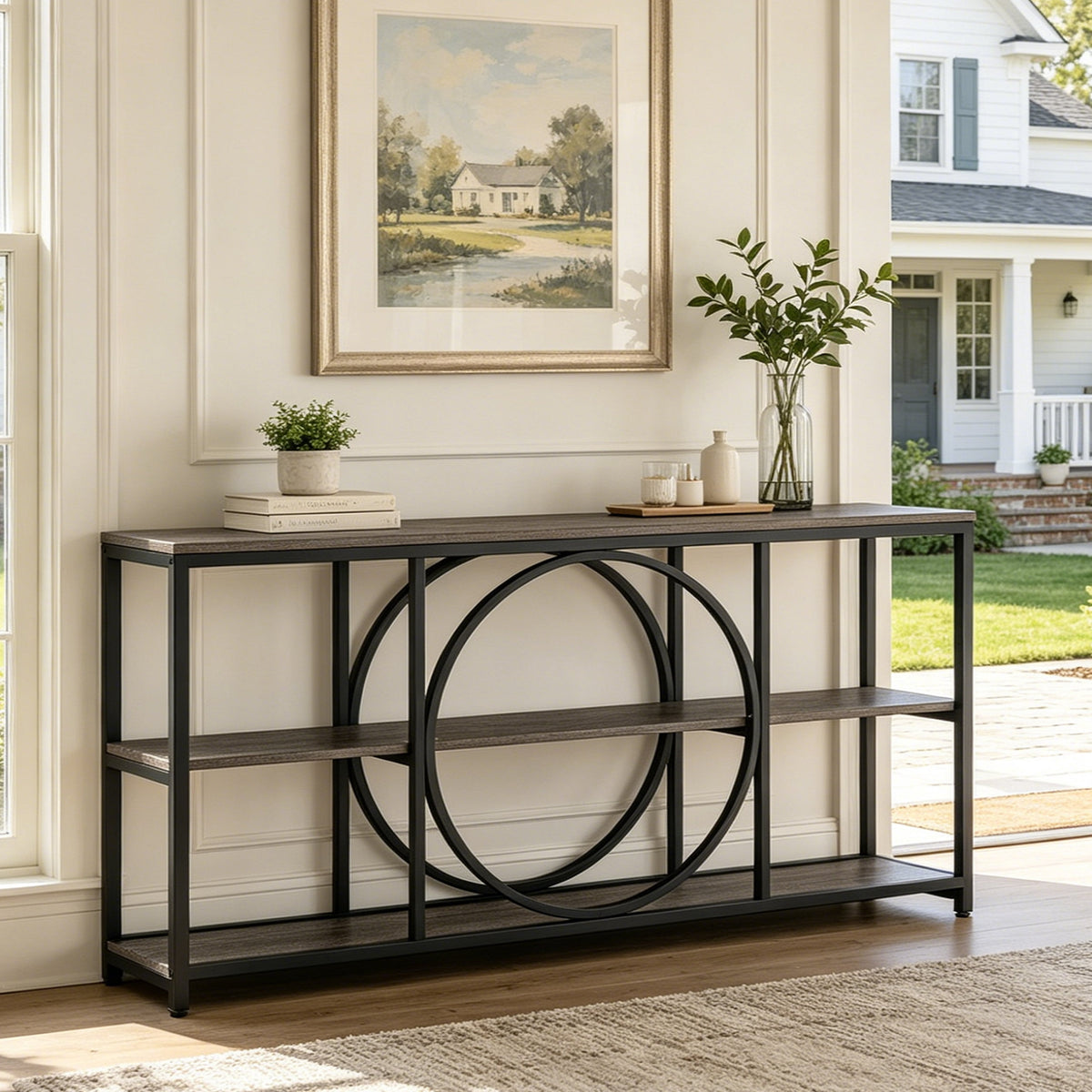 Fnova 70.9-Inch Console Table, 3-Tier Extra Long Industrial Entryway Table Sofa Table with Circular Metal Frame & Open Storage for Entryway, Hallway, Living Room,WM010360_GB_US