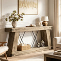 Fnova 70" Farmhouse Console Table, Long 2-Tier Entryway Table with X-Shaped Metal Support, Narrow Wood Sofa Table for Living Room, Hallway, Behind Couch, Light Brown,Light Brown