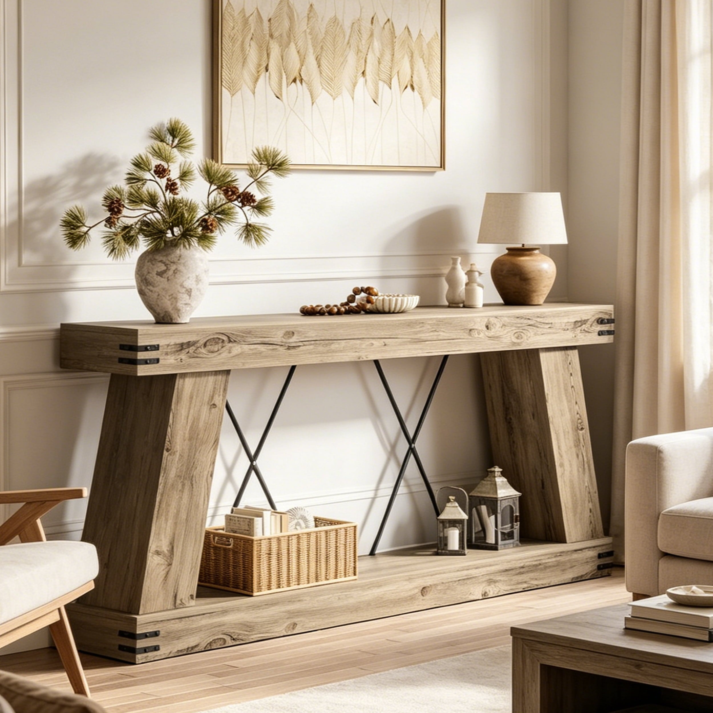 Fnova 70" Farmhouse Console Table, Long 2-Tier Entryway Table with X-Shaped Metal Support, Narrow Wood Sofa Table for Living Room, Hallway, Behind Couch, Light Brown,Light Brown