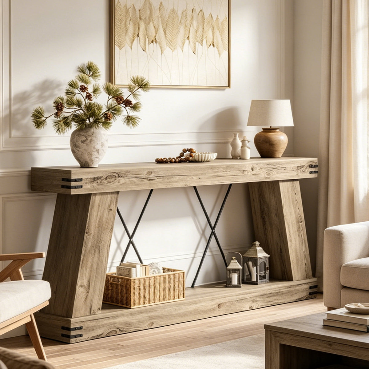 Fnova 70-Inch Farmhouse Console Table, Long 2-Tier Entryway Table with X-Shaped Metal Support, Narrow Wood Sofa Table for Living Room, Hallway, Behind Couch, Light Brown,WM010345_LBN_US1