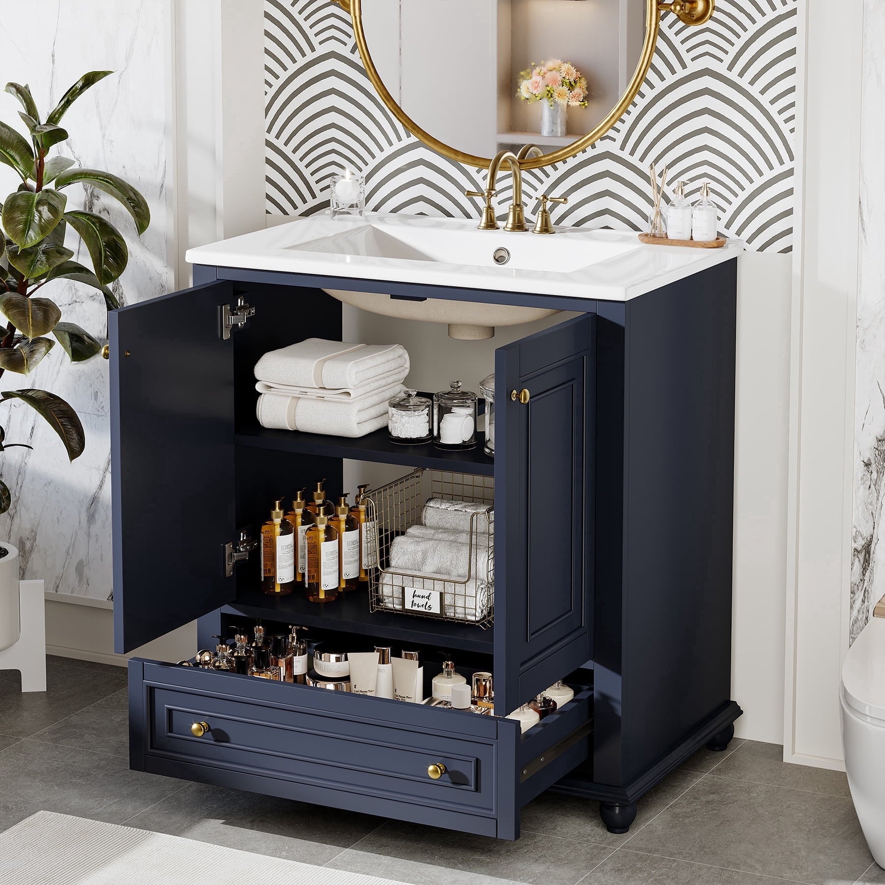 Fnova 30" Bathroom Vanity with Ceramic Sink Combo Freestanding Bathroom Storage Cabinet with 2 Doors 1 Drawer Solid Wood Frame Soft Close Hinges Waterproof Coated Surface for Small Bathroom,30" Blue