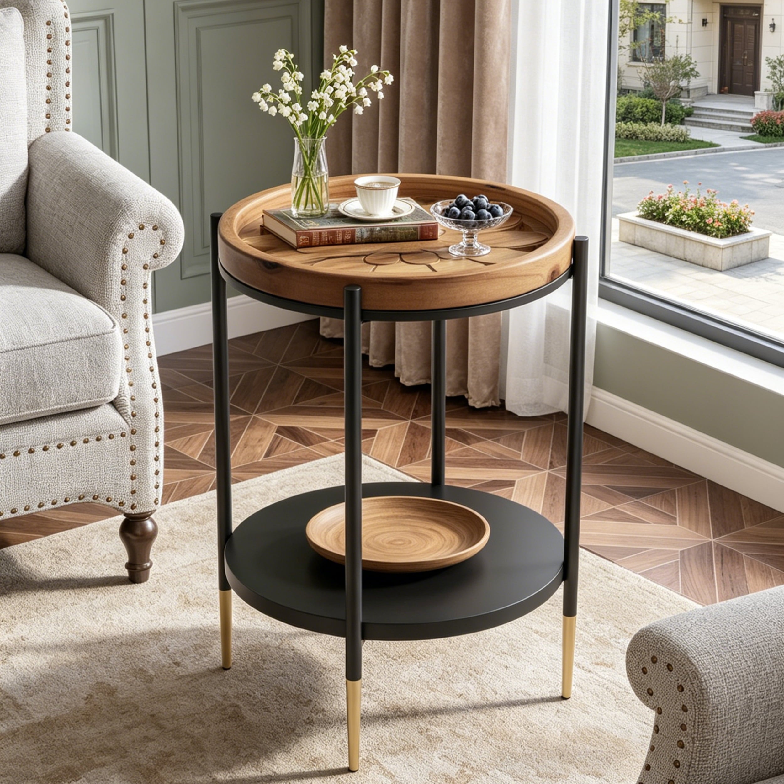 Fnova 2-Tier Round Side Table with Solid Wood & Metal Frame, Industrial Accent Table, Nightstand, Bedside Table for Living Room, Bedroom, Small Spaces, Study Room, Rustic Brown,WM010155_BNB_US