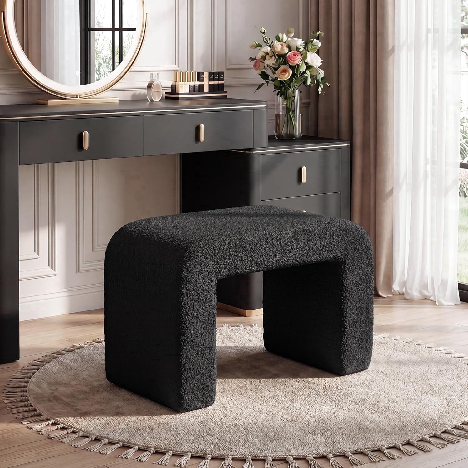Fnova Modern Vanity Stool, Upholstered Ottoman with Faux Cashmere Fabric, Arched Footstool Sofa Footrest Dressing Chair Shoe Stool for Entryway, Bedroom, Living Room, Fully Assembled,WM011204_B_US