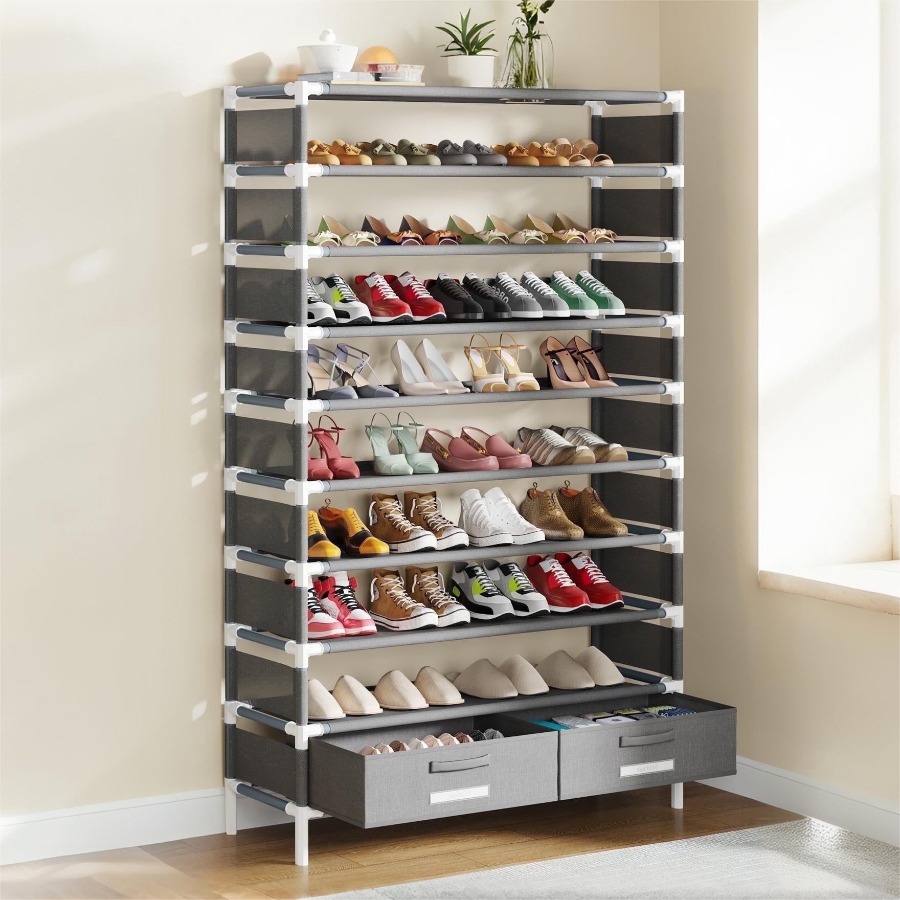 Fnova 8-Layer High Shoe Rack with 2 Storage Drawers, Tall Shoe Shelf Storage Organizer for Entryway, Closet, Bedroom,Gray-2 Drawers
