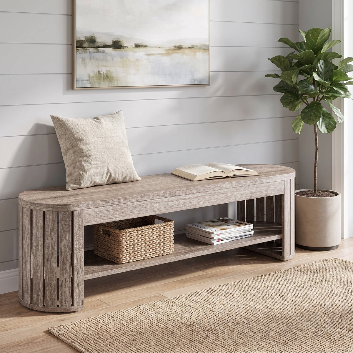 Fnova 63 Inch Farmhouse Entryway Shoe Bench, MDF Storage Bench with Vertical Slat Arc Legs for Bedroom Living Room Entrance,WM011221_G_US