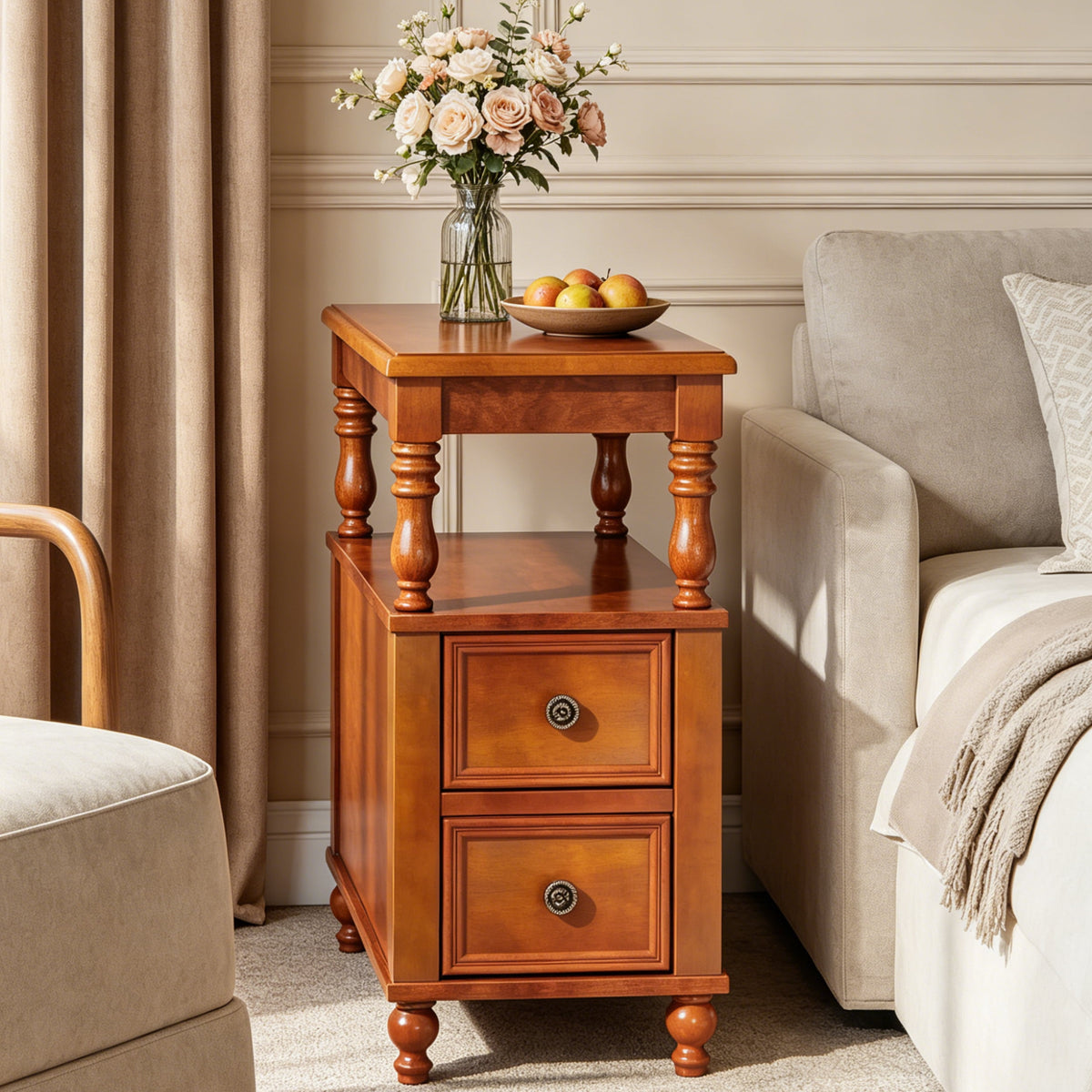 Fnova Solid Wood Narrow End Table with 2 Drawers and Open Shelves, Side Table Nightstand, Easy Assembly, for Living Room, Bedroom, Entryway, Small Space,WM010141_BN_US