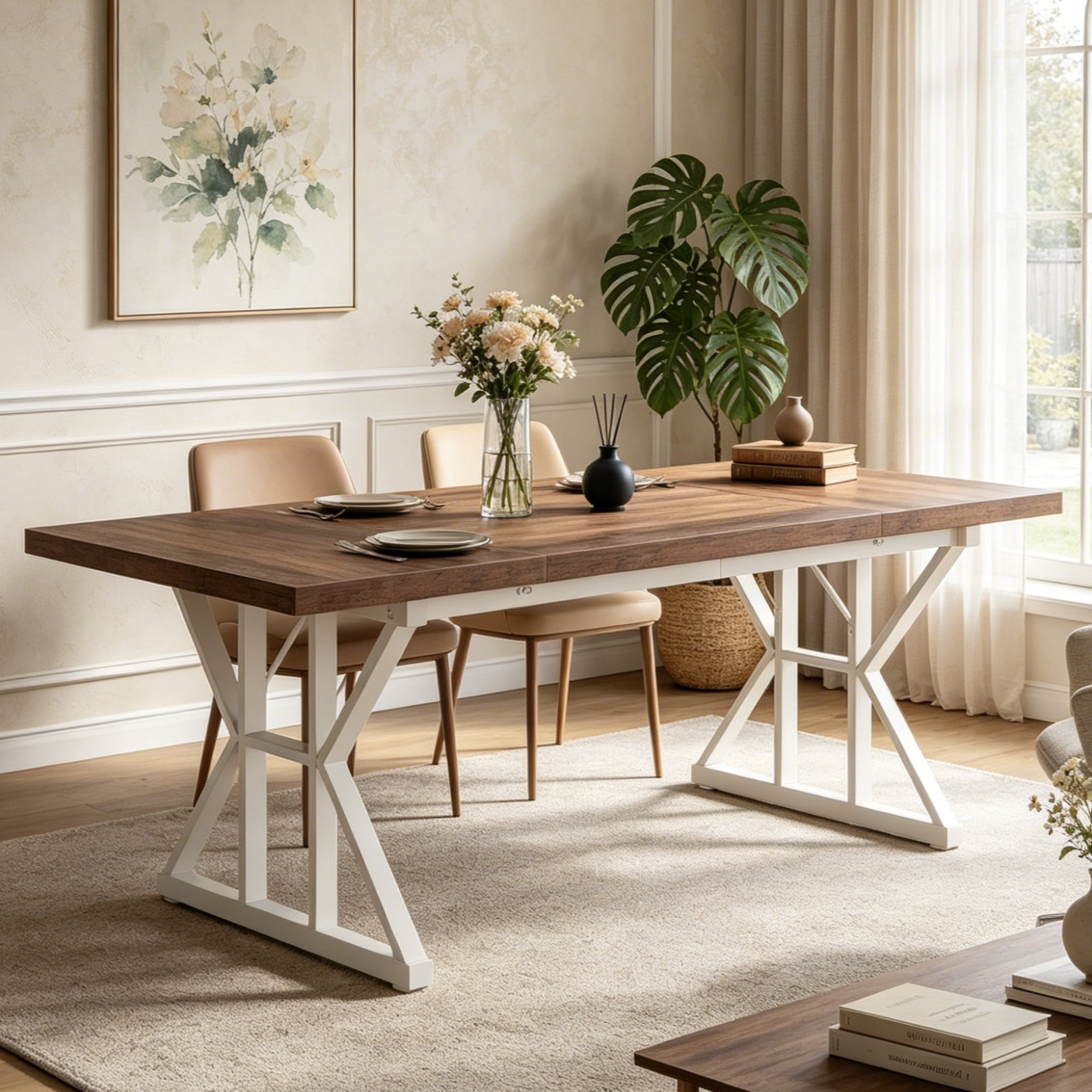 Fnova 70.86 Inch Farmhouse Dining Table, X-Shaped Metal Legs, Large Rectangular Kitchen Table for 6-8 People, Heavy Duty Dining Room Furniture,Brown White