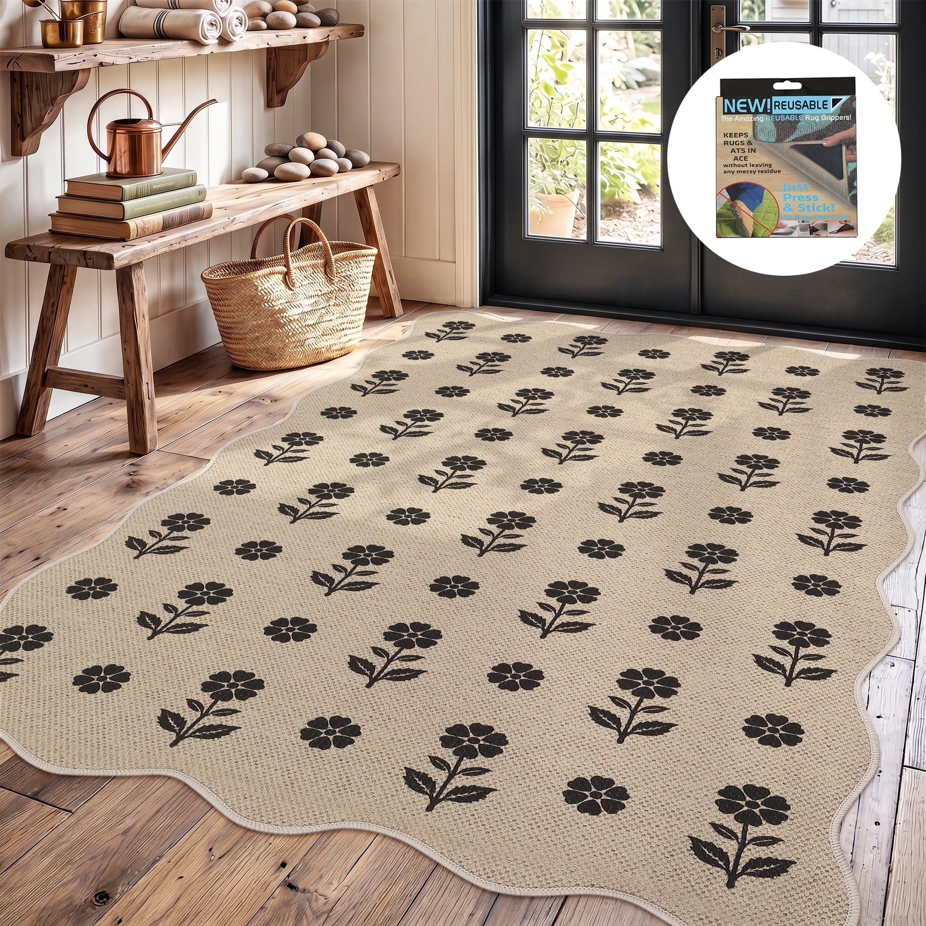 Fnova Scalloped Floral Area Rug, 3-Ftx5-Ft Machine Washable Non Slip Jute Rug for Entryway Kitchen Bedroom Living Room, Indoor Carpet,WM011609_BK9_US