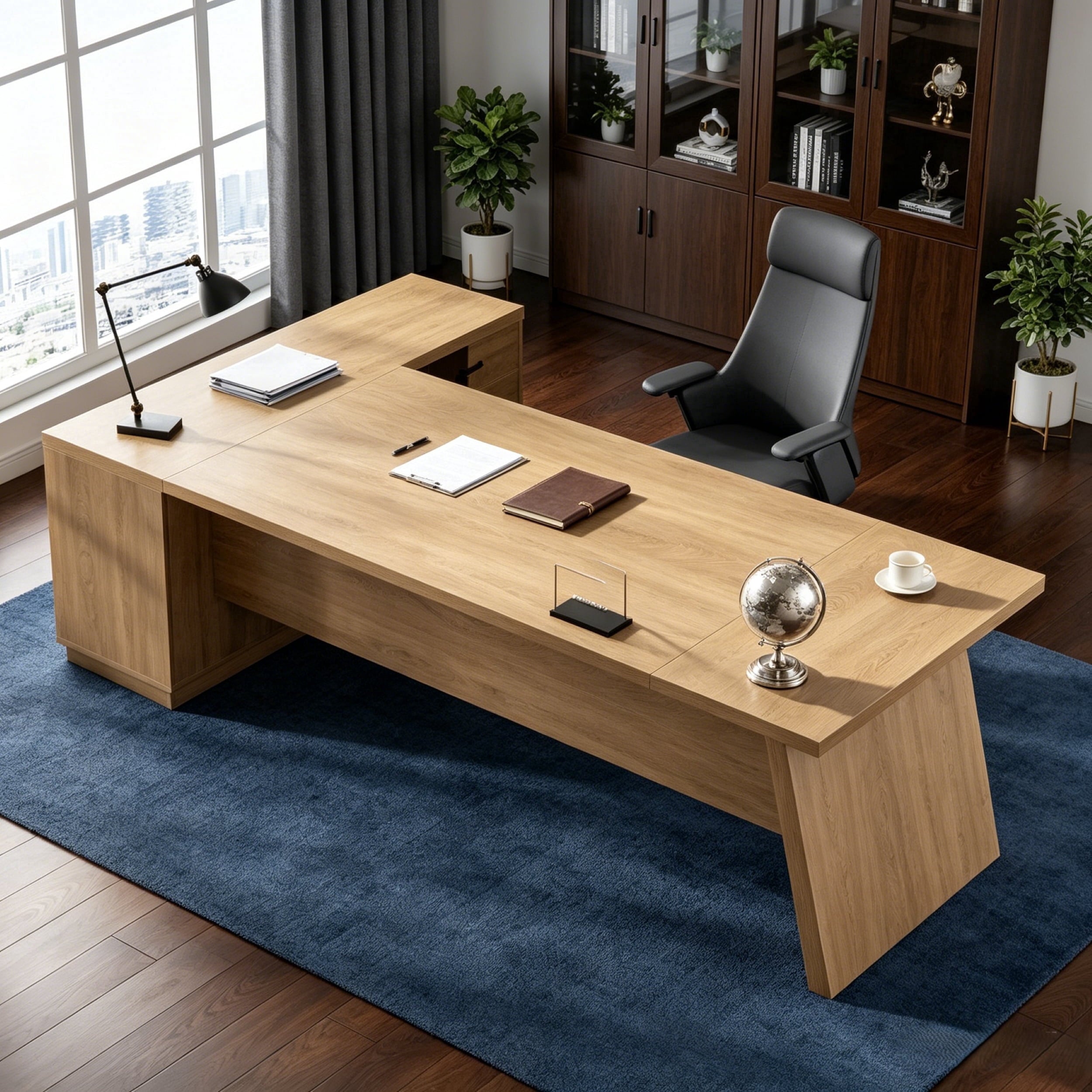Fnova 78" L-Shaped Executive Desk with Drawers, Large Office Desk with Storage, Modern Business Desk for Home Office and Commercial Use,Natural Wood