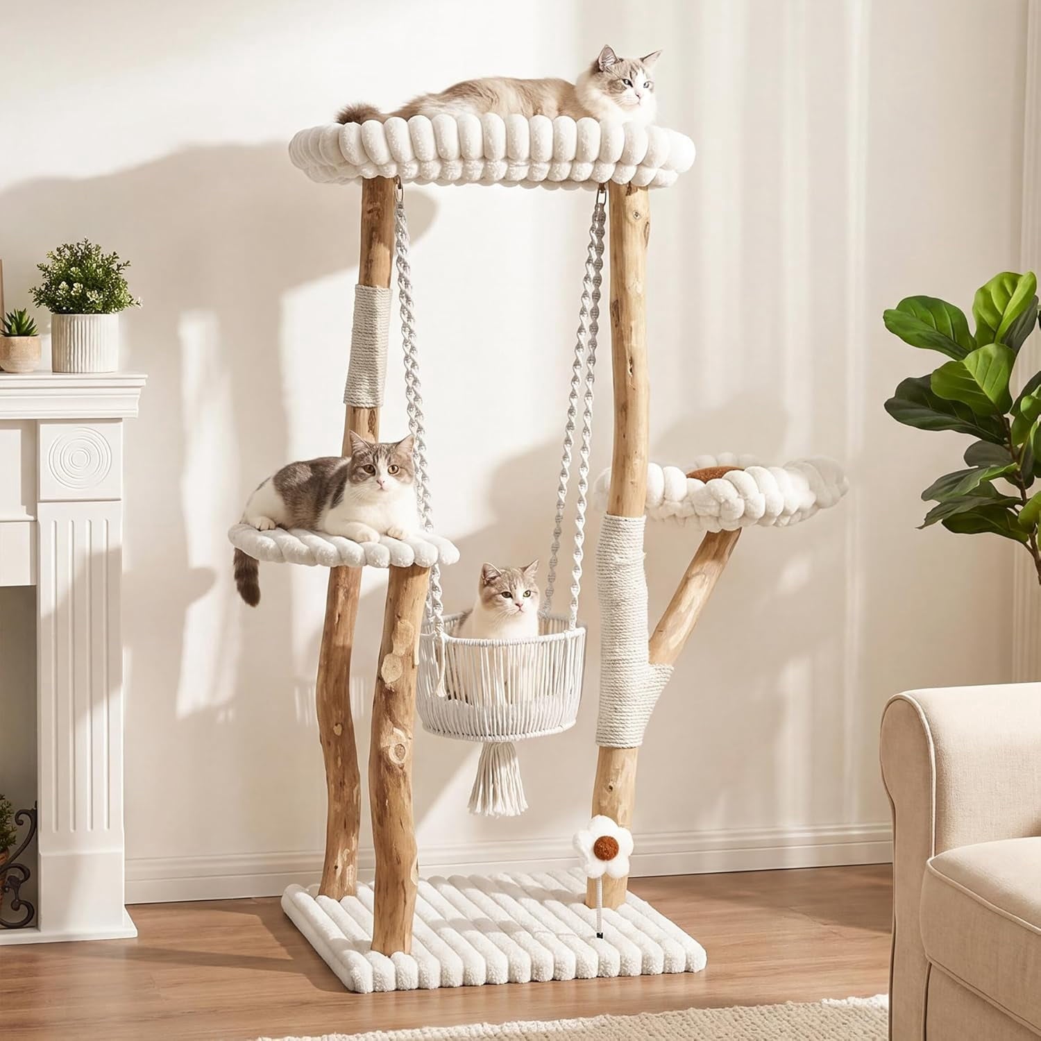 Fnova 55.12-Inch H Solid Wood Cat Tree, Multi-Level Cat Tower with Hanging Basket Hammock, Washable Platforms & Sisal Scratching Posts, Indoor Cat Activity Tree for Multi-Cats,WM010582_WBN_US