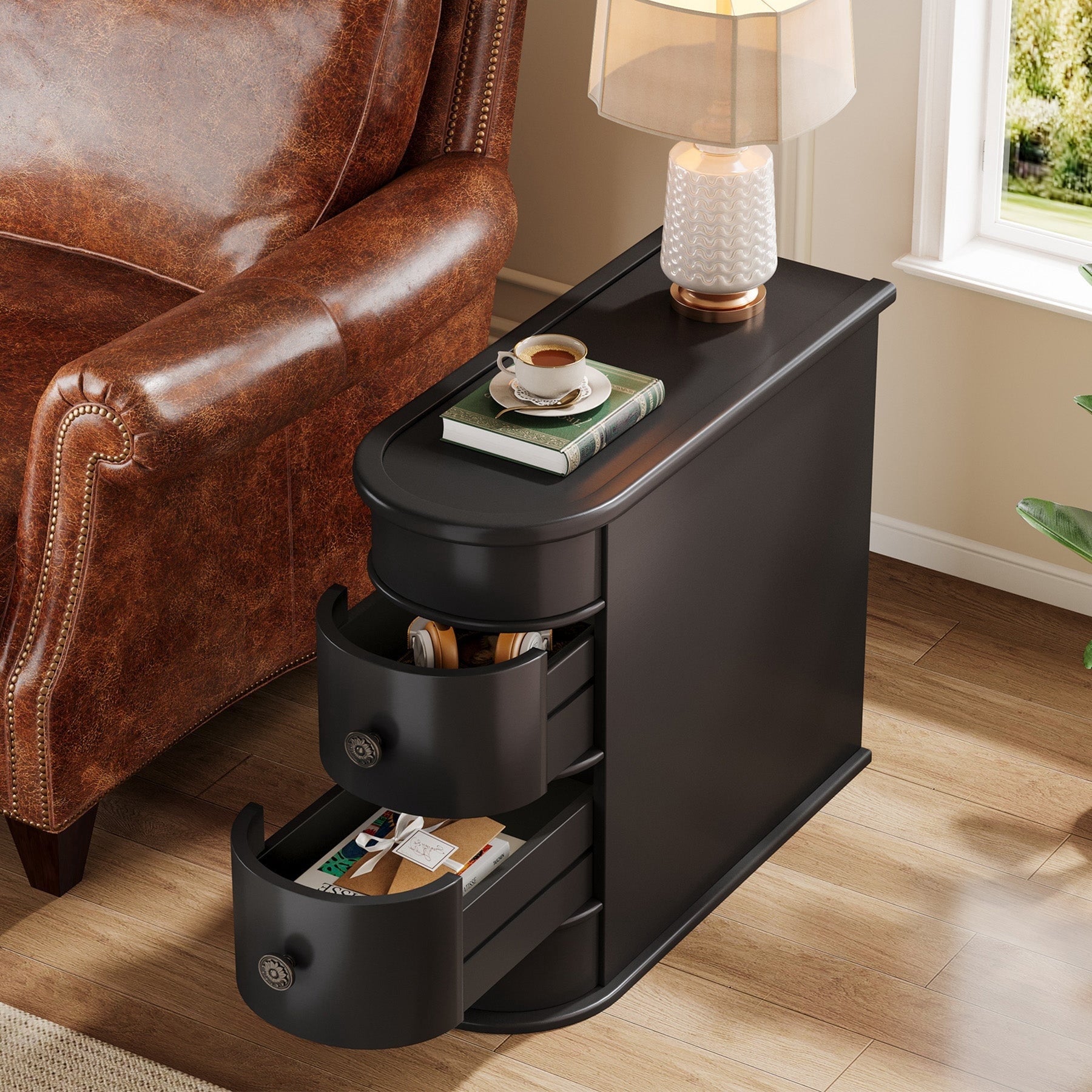 Fnova Solid Wood End Table with 2 Drawers, No Assembly Required, Narrow Side Tables for Living Room, Bedroom, Black,WM010101_B_US4