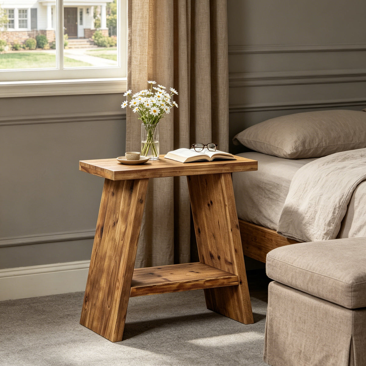 Fnova Solid Wood 2-Tier End Table with Storage, Farmhouse Side Table Accent Table Bedside Nightstand, Easy Assembly, for Living Room, Bedroom, Entryway, Small Space,WM010139_BN_US