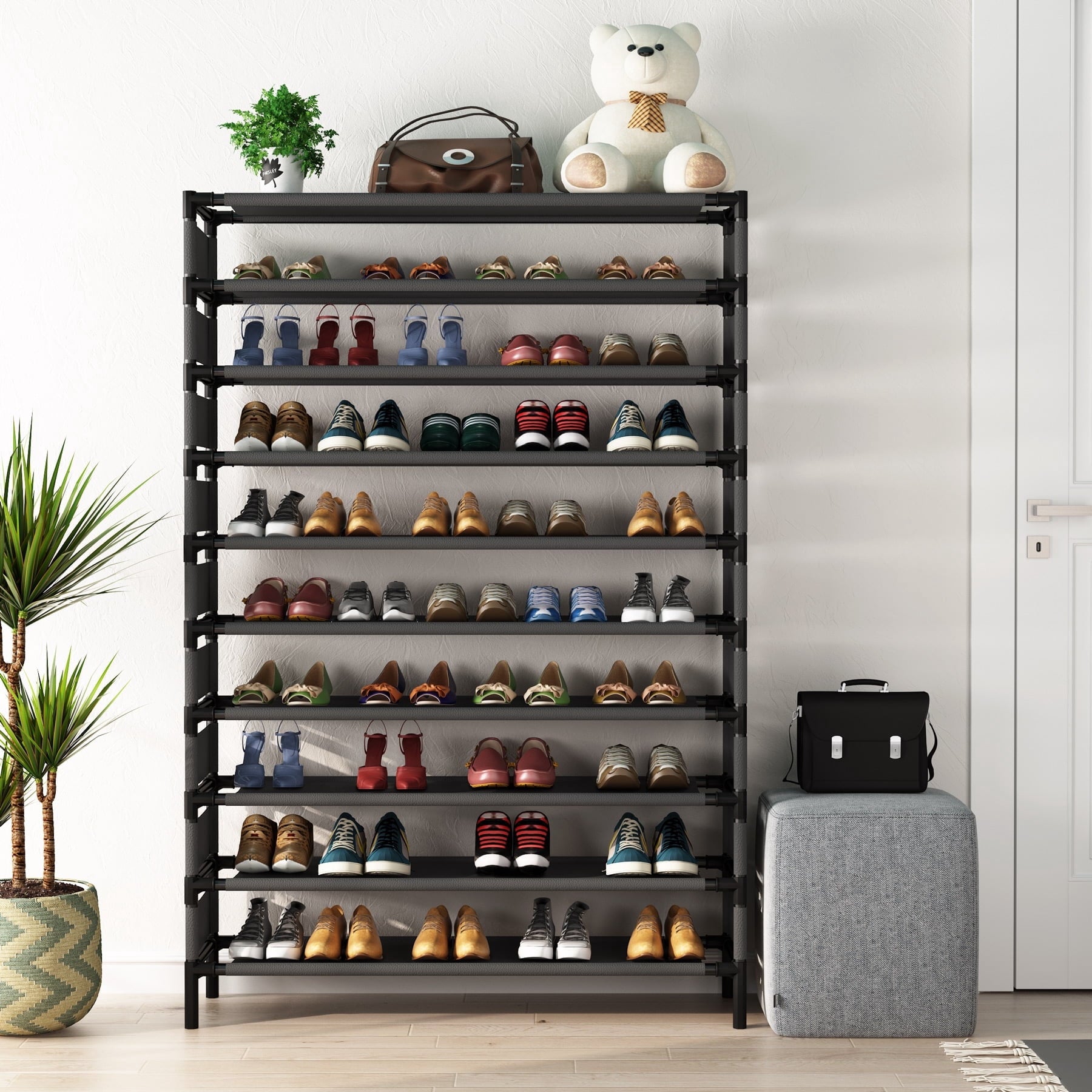 Fnova Modern 64-Inch 10-Tier Shoe Rack, Rust-Proof Fabric Side Cover, for Entryway/Bedroom/Closet, Easy Assembly,WM010536_B_Shelf