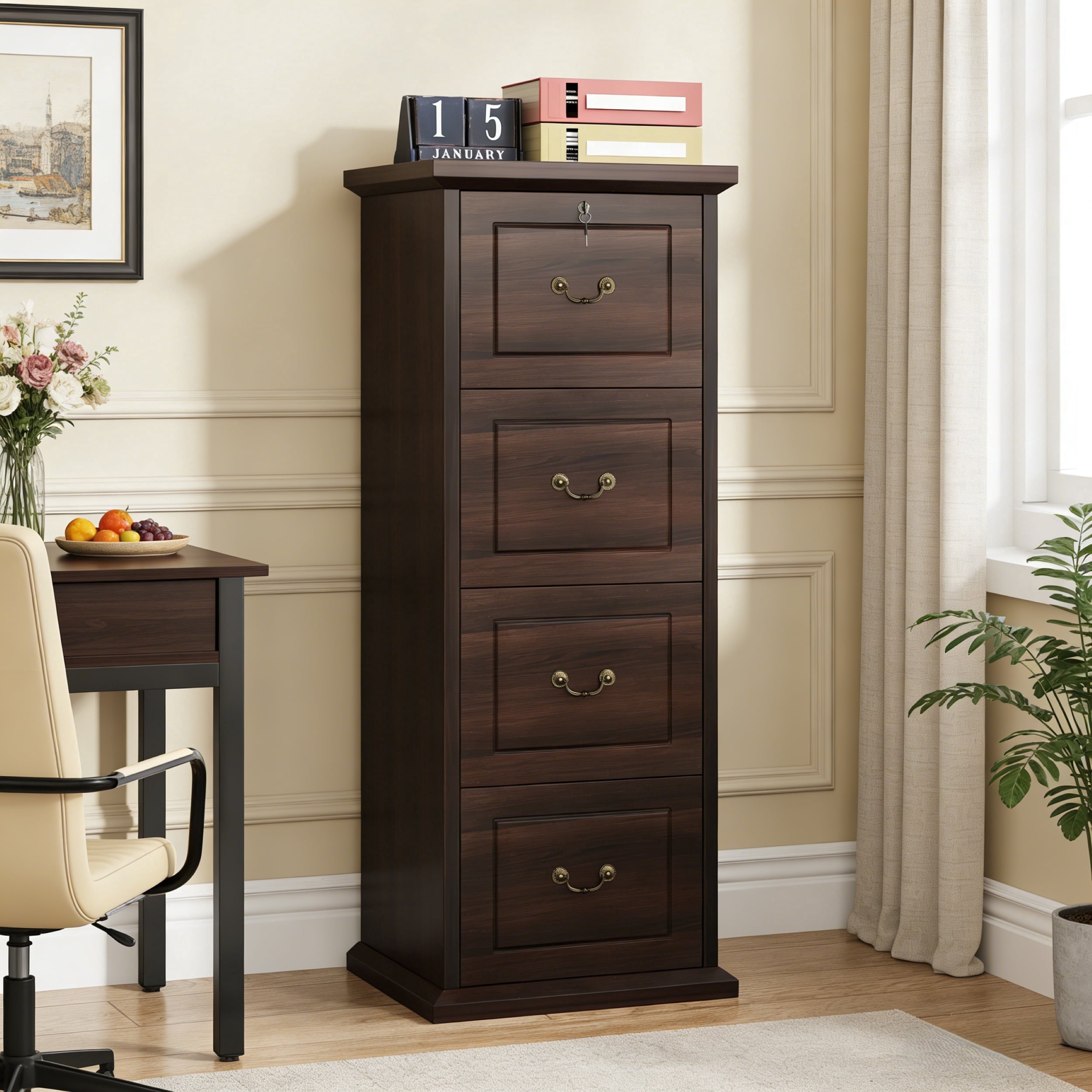Fnova 4-Drawer File Cabinet, Tall Wood Filing Cabinet for A4/Letter Size, Large Office Drawer Chest, Rustic Storage Organizer Unit for Home Office, Dark Brown,Brown