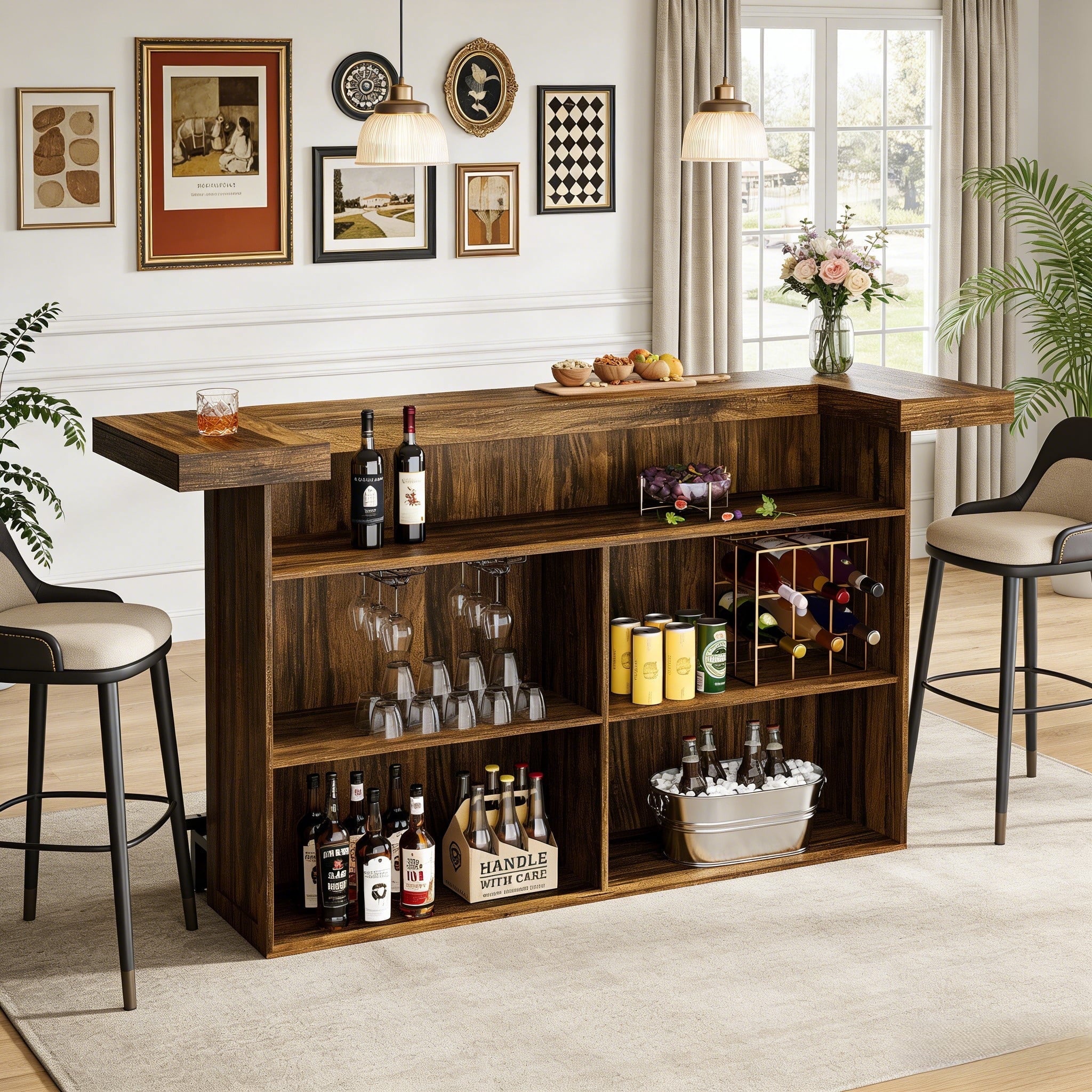 Fnova 70.9" 4-Tier Modern Bar Table, Pub Table with Wine Glass Holder & Footrest, Large Home Bar Unit with Storage Shelves for Kitchen, Dining Room & Commercial Use,Brown