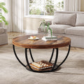 Fnova Coffee Table with 2 - Tier Storage, 32" Round Wood Coffee Table with Metal Legs, Modern Rustic Style Center Table for Living Room, Dark Brown and Black,Dark Brown and Black