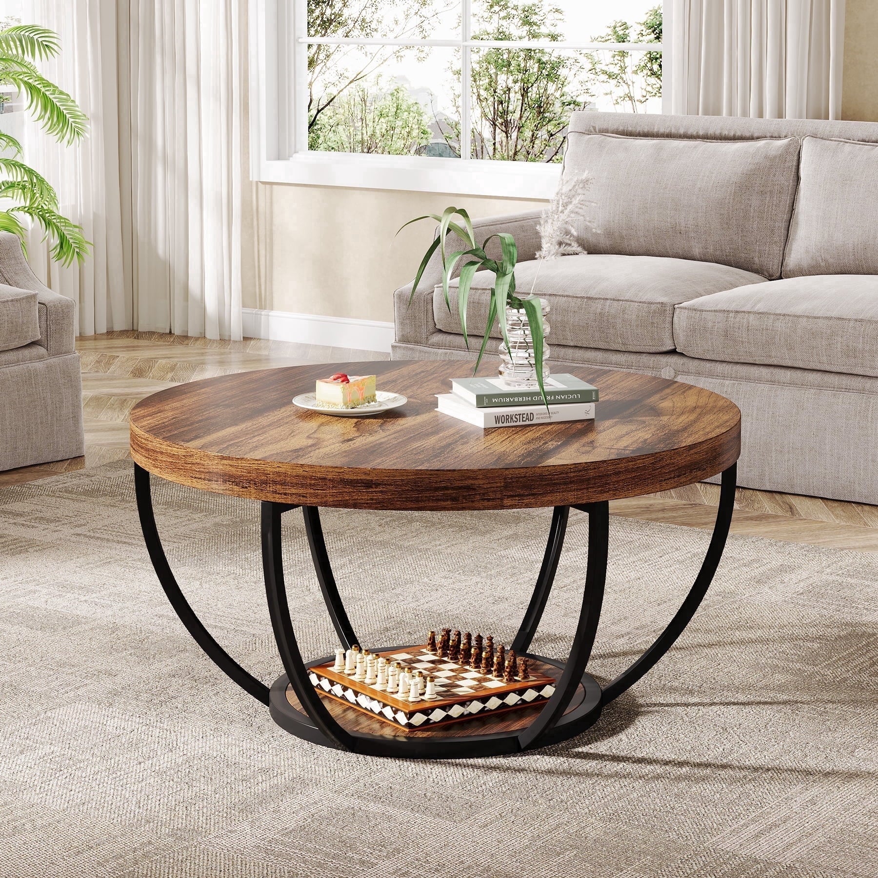 Fnova Coffee Table with 2 - Tier Storage, 32" Round Wood Coffee Table with Metal Legs, Modern Rustic Style Center Table for Living Room, Dark Brown and Black,Dark Brown and Black