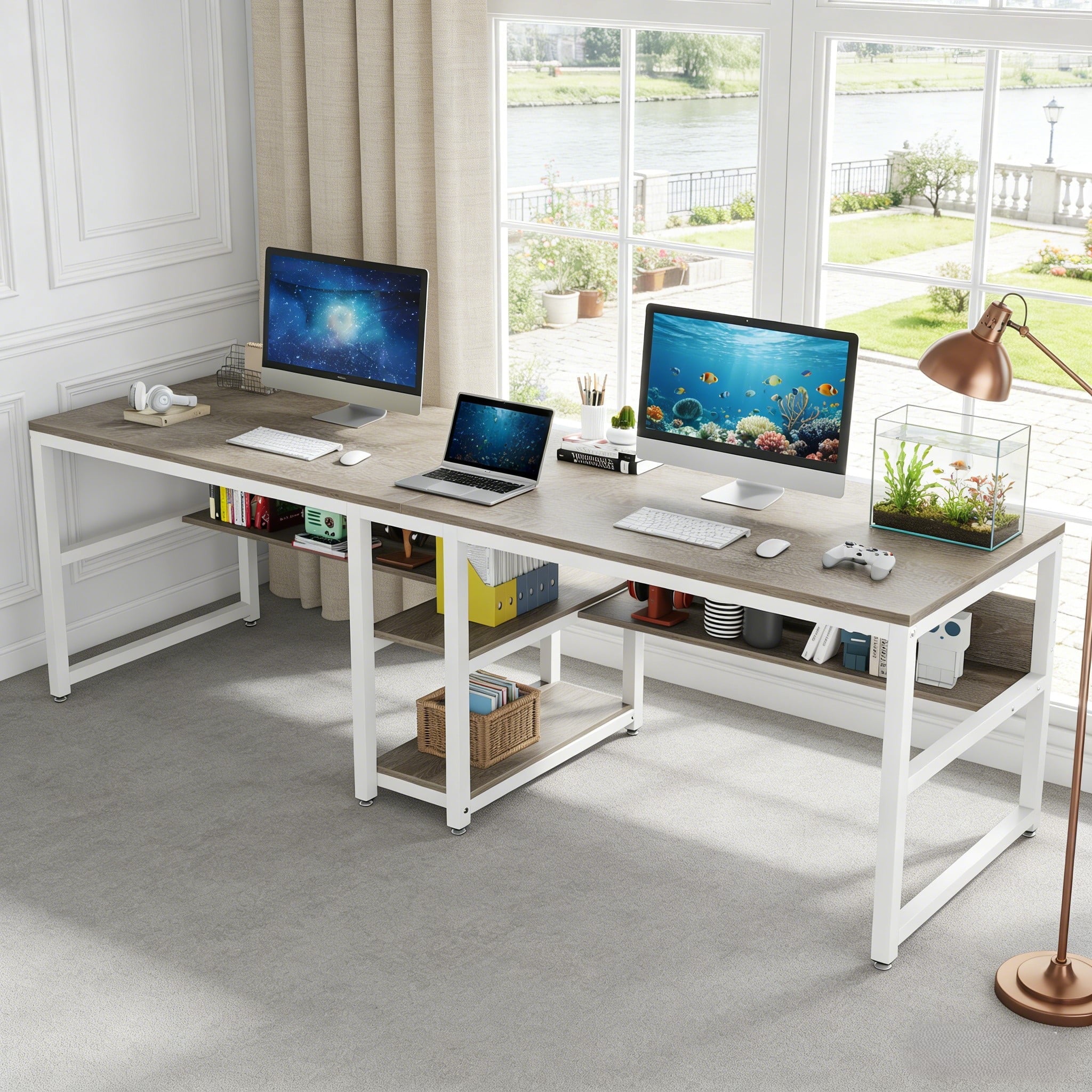 Fnova 78.74-Inch Modern Computer Desk with Wood Tabletop, Industrial Writing Desk with 4 Open Shelves, Metal Frame Office Desk for Living Room & Study, Gray,WM010401C_G_Desk