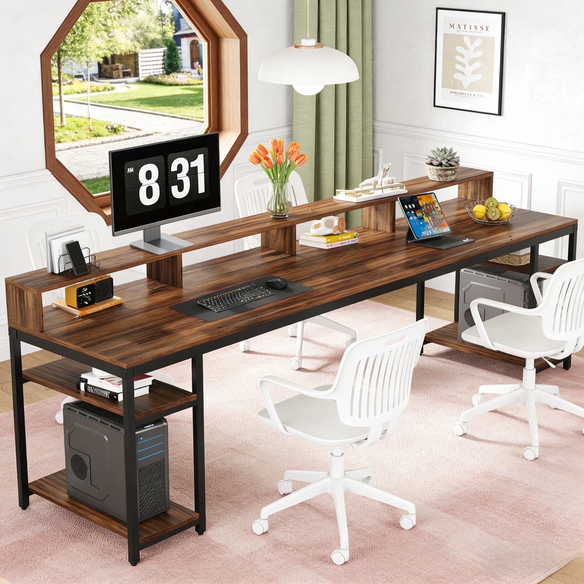Fnova 78.74" Long Computer Desk with Monitor Stand and Storage Shelves, Industrial Home Office Writing Desk for 2, Brown,Brown