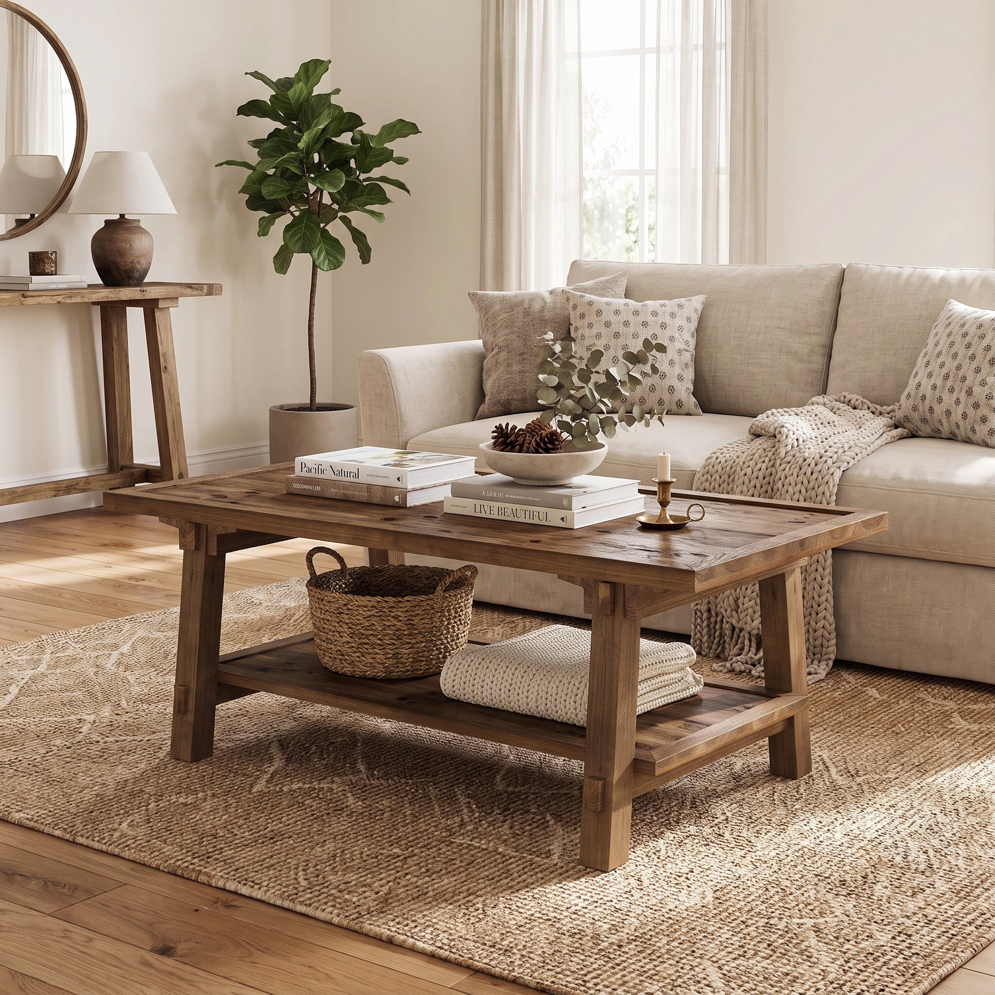 Fnova 47 Inch Solid Wood 2-Tier Farmhouse Coffee Table with Storage Shelf, Rustic Rectangle Center Table for Living Room, Office, Apartment, Vintage Brown,WM010488_DBN_US
