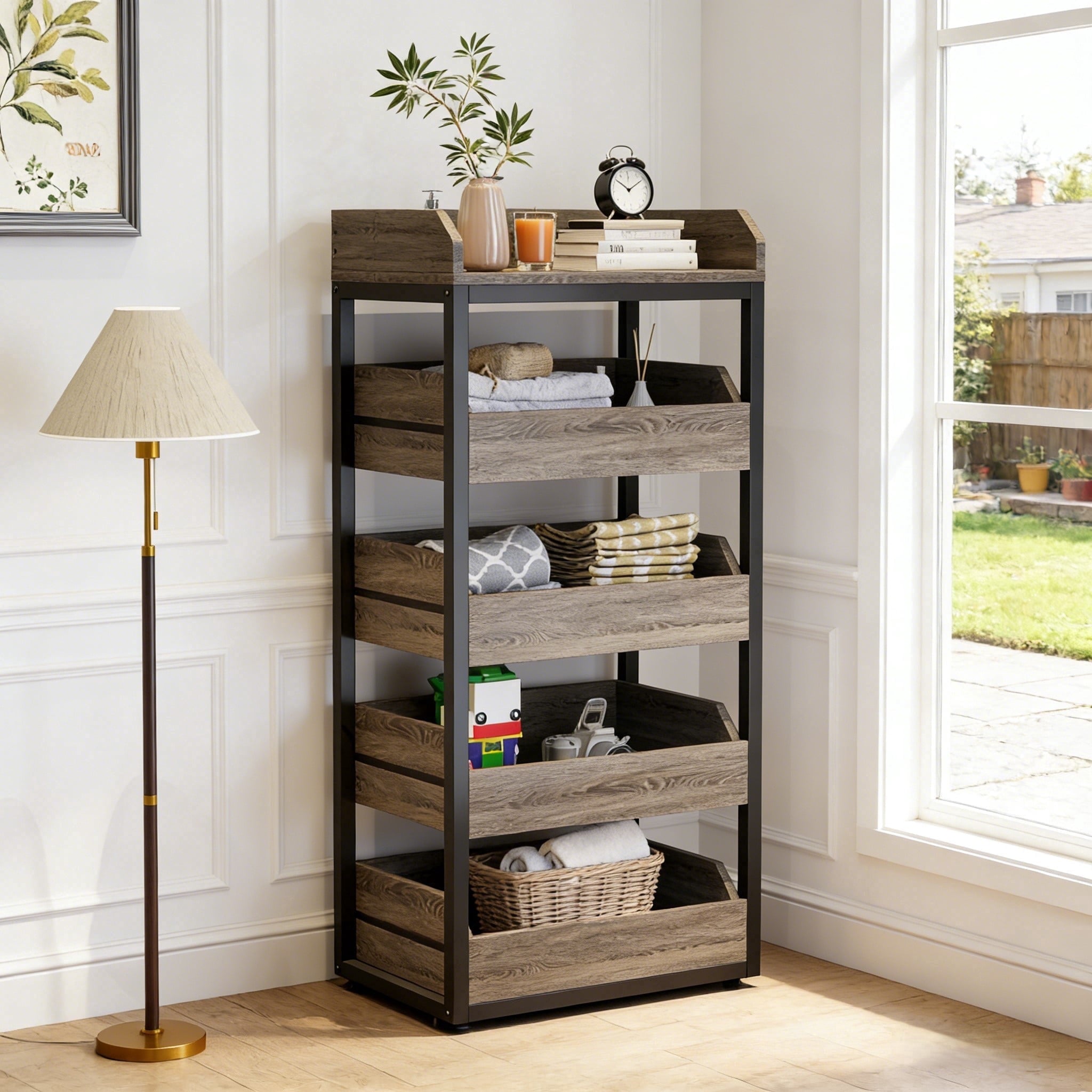 Fnova 46" 5-Tier Wood Storage Rack, Pull-Out Snack Stand Fruit Vegetable Basket Stand, Shelf Organizer with Heavy-Duty Metal Frame for Kitchen, Living Room, Bedroom,Gray