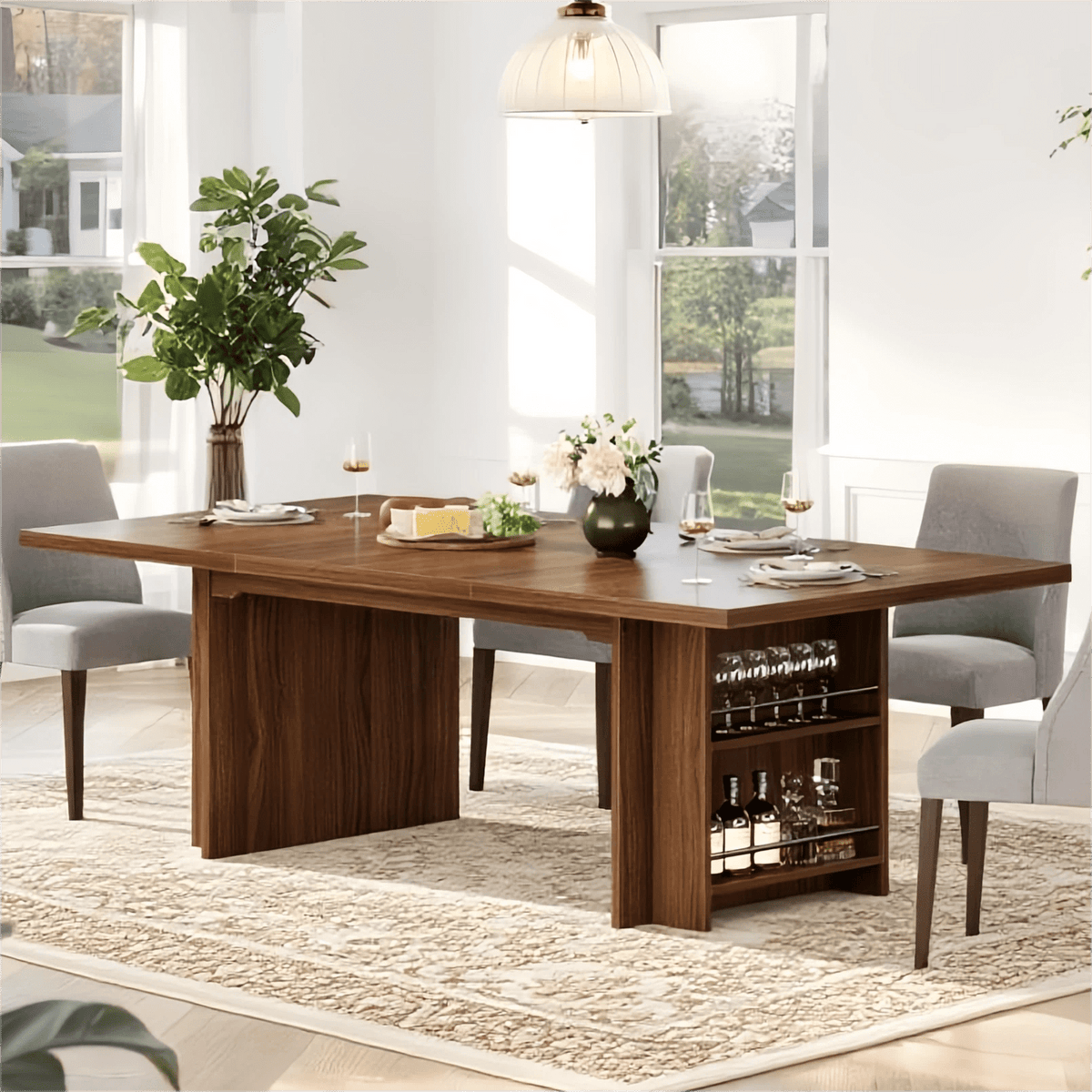 Fnova 62.99-Inch Rectangular Dining Table for 4-6 People, Farmhouse Wood Kitchen Table with Side Storage Shelves, Heavy Duty Legs, Easy to Assemble,WM010245_DBN_Tables