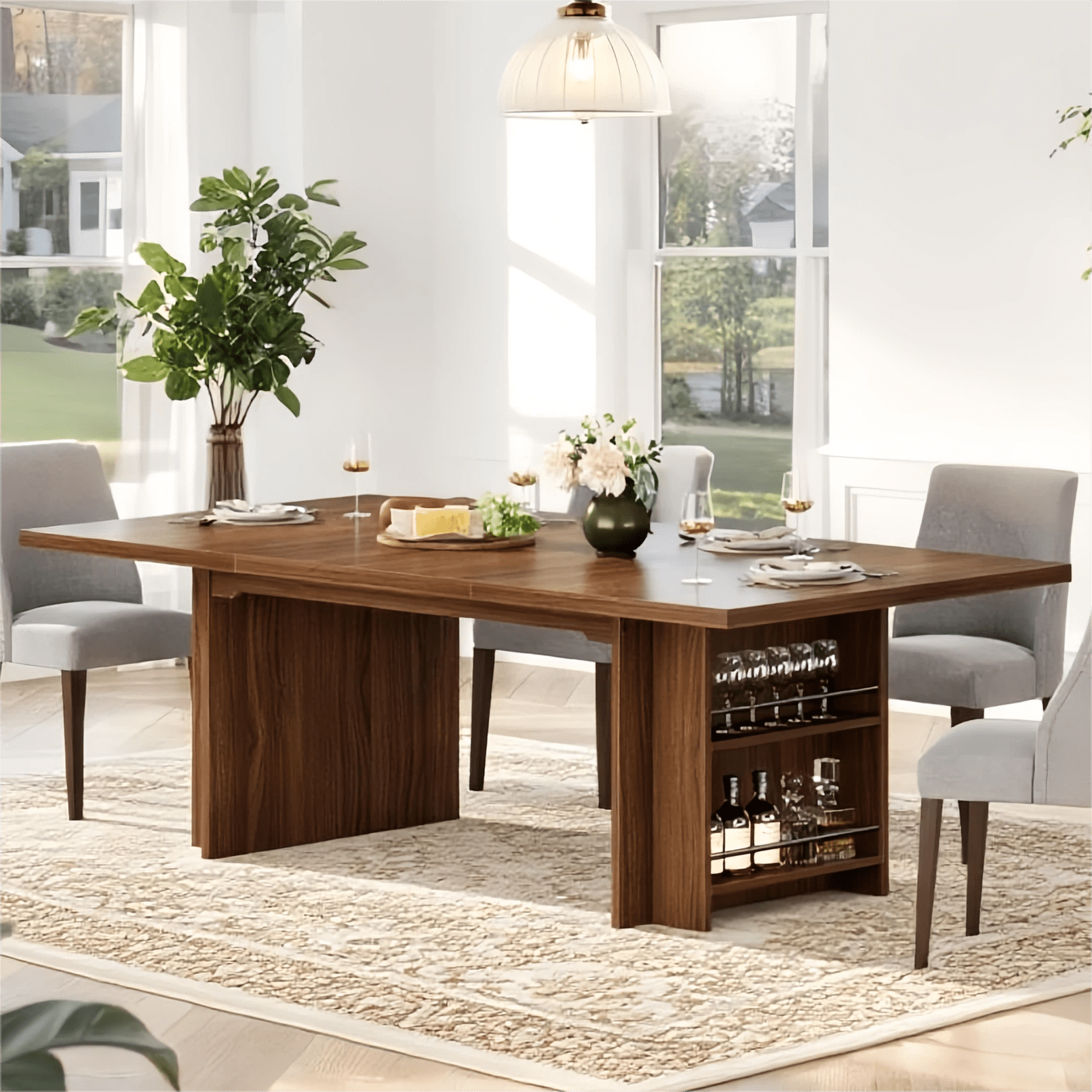 Fnova 62.99" Rectangular Dining Table for 4-6 People, Farmhouse Wood Kitchen Table with Side Storage Shelves, Heavy Duty Legs, Easy to Assemble,Brown