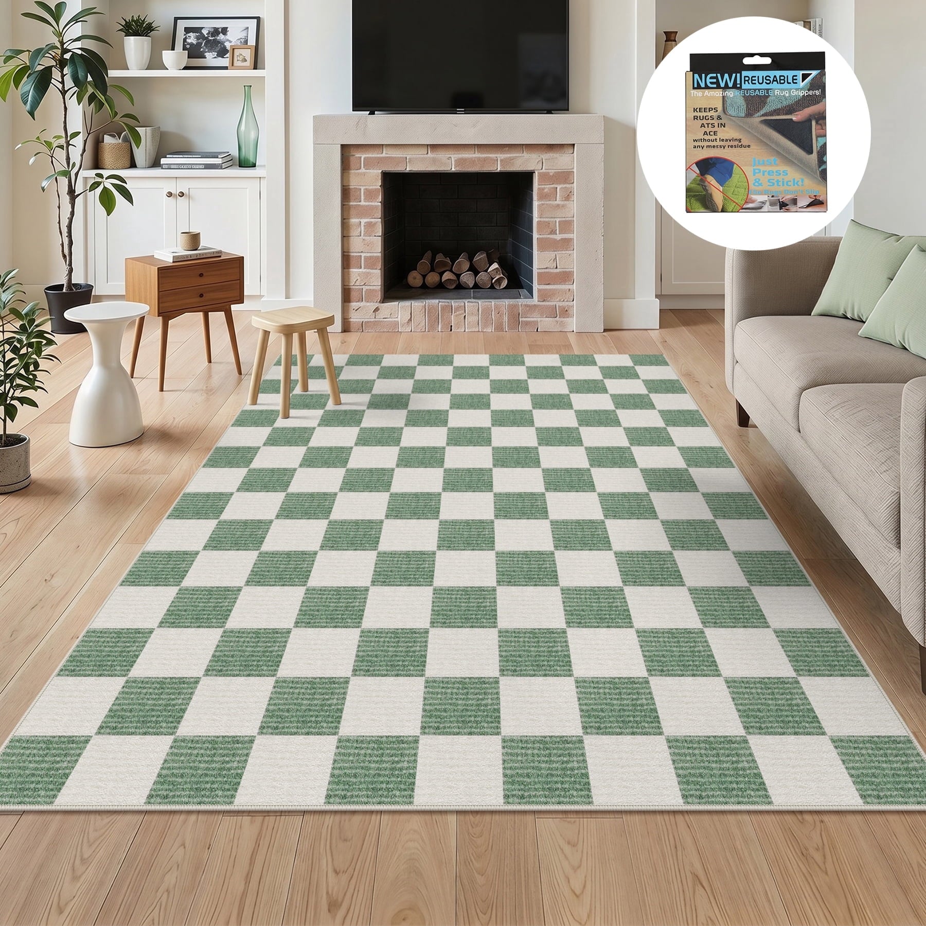 Fnova Checkered Area Rug, 5' x 7' Machine Washable Non Slip Rug for Living Room Bedroom Kitchen, Kid and Pet Friendly Low Pile Indoor Carpet,Green & Beige,5' x 7'