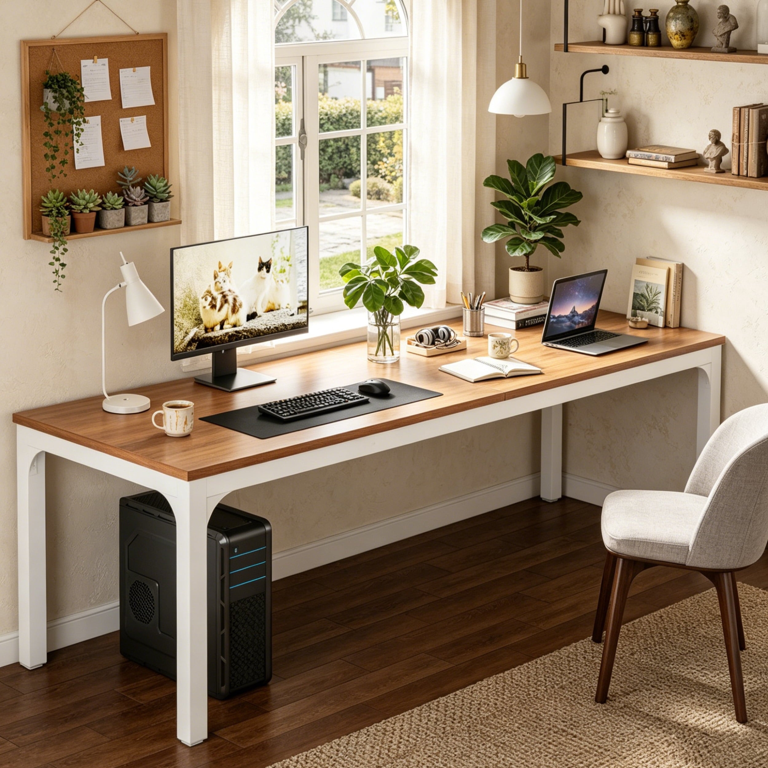 Fnova 78.7-Inch Modern Computer Desk with Wood Desktop, Metal Frame Office Desk, Brown White,WM010401_BNW_US
