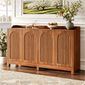 Fnova 57" Farmhouse Cabinet, Sideboard with Grille-Striped Doors & Raised Countertop, Adjustable Shelves, Inner Rebound Mechanism, for Kitchen/Living Room/Study/Home Office, Easy Assembly,Brown