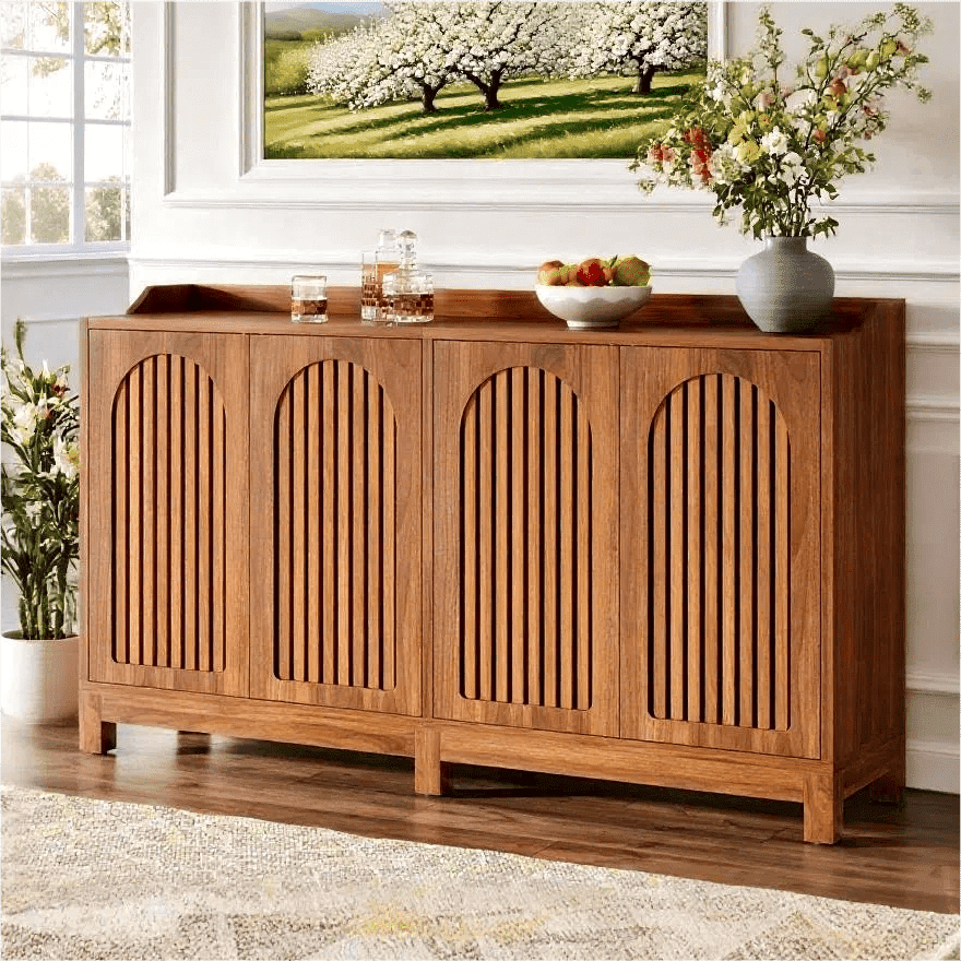 Fnova 57" Farmhouse Cabinet, Sideboard with Grille-Striped Doors & Raised Countertop, Adjustable Shelves, Inner Rebound Mechanism, for Kitchen/Living Room/Study/Home Office, Easy Assembly,Brown