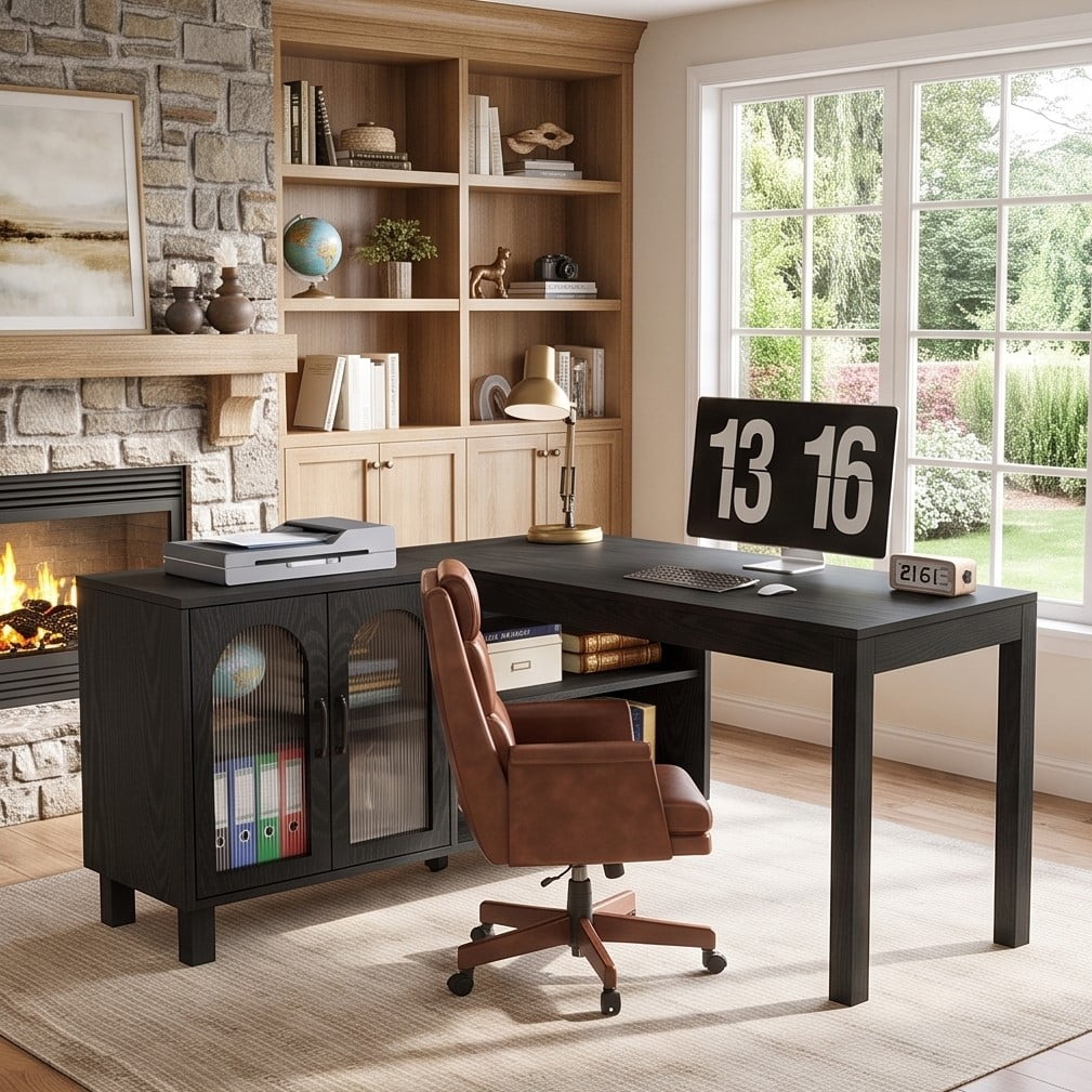 Fnova 59-Inch L-Shaped Corner Desk, Storage Cabinet Corner Computer Desk for Home Office, Gaming Setup Workstation, Study Room & Small Space,WM010832_B_US