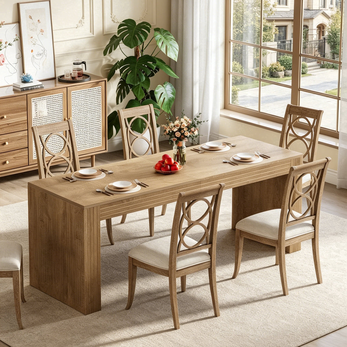 Fnova 78.7-Inch Modern Farmhouse Dining Table, Extra Long Wooden Kitchen Table, Easy Assembly, Seats 4-6 for Dining Room & Kitchen, Living Room,WM010280_LBN_US
