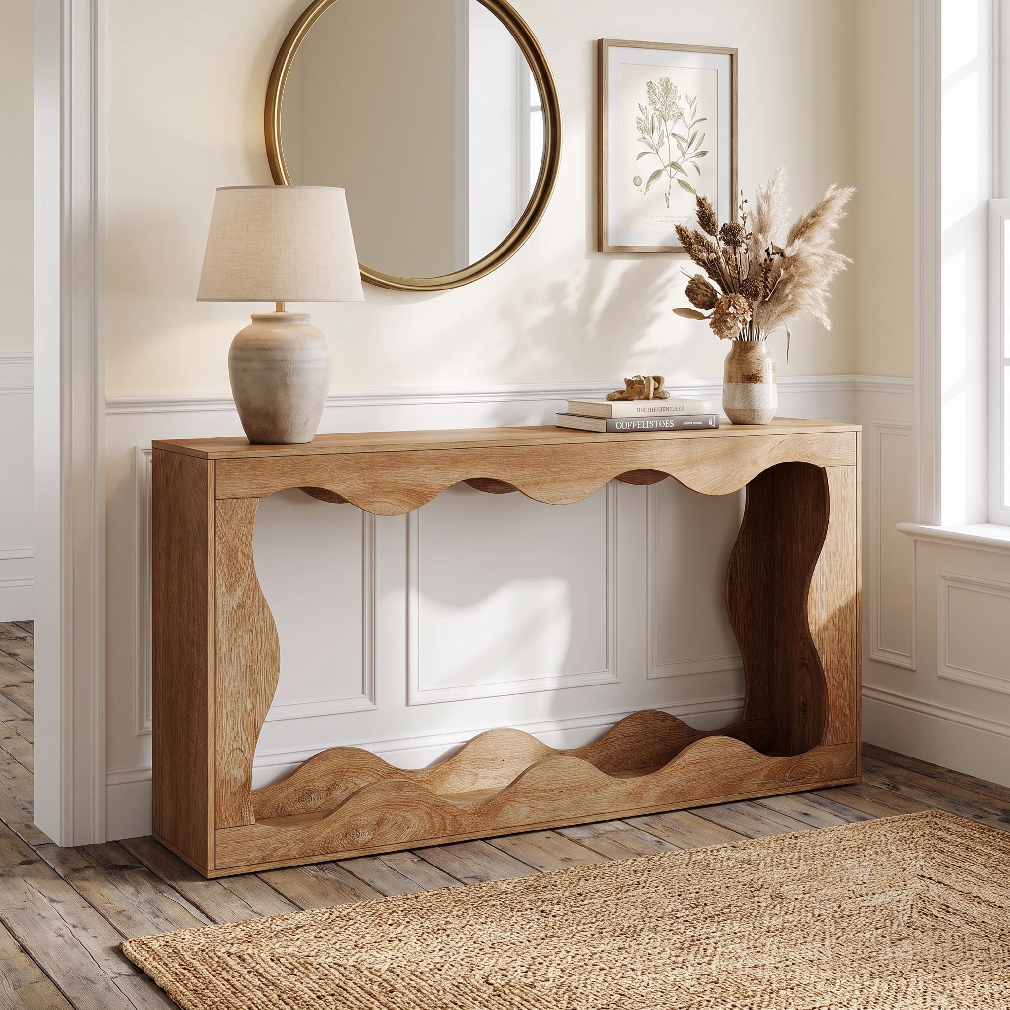 Fnova 63" Long Farmhouse Console Table for Entryway, Wave-Shaped Wood Entryway Table, Sofa Table for Living Room, Light Brown,Light Brown