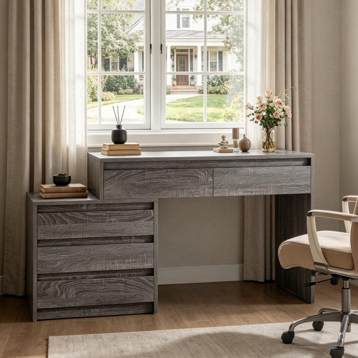 Fnova 63-Inch Vanity Desk with 5 Drawers, Bedroom Makeup Vanity Table, Removable 3-Drawer Chest, Solid Desktop Sturdy MDF Construction, for Bedroom, Vanity Room & Dressing Area,WM010451_G_US