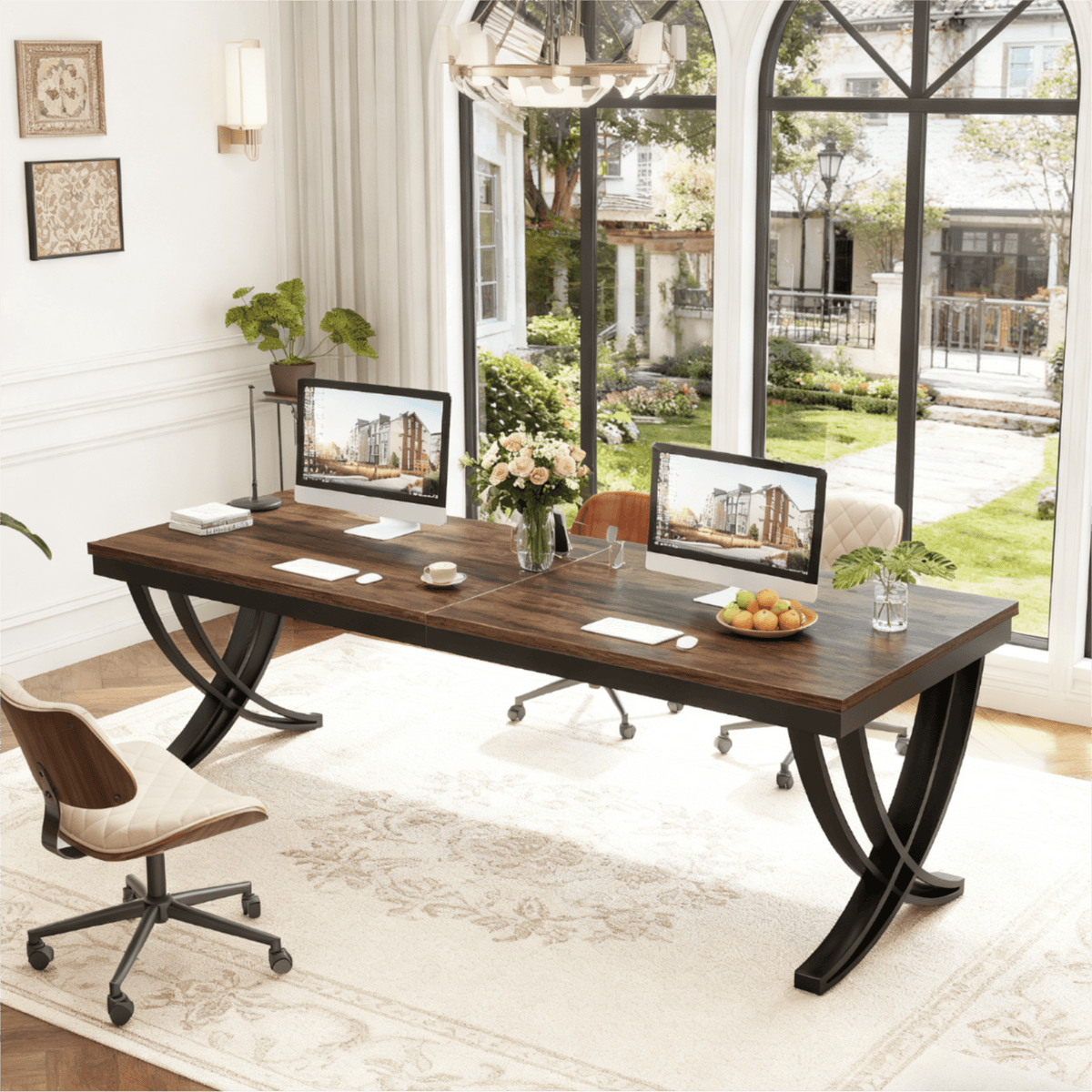 Fnova 78.74-Inch Modern Desk, Wooden Computer Desk Writing Desk with Storage Shelf, Back Baffles & Metal Legs, for Living Room/Kitchen/Home Office, Easy Assembly,WM010291_DBN_Tables