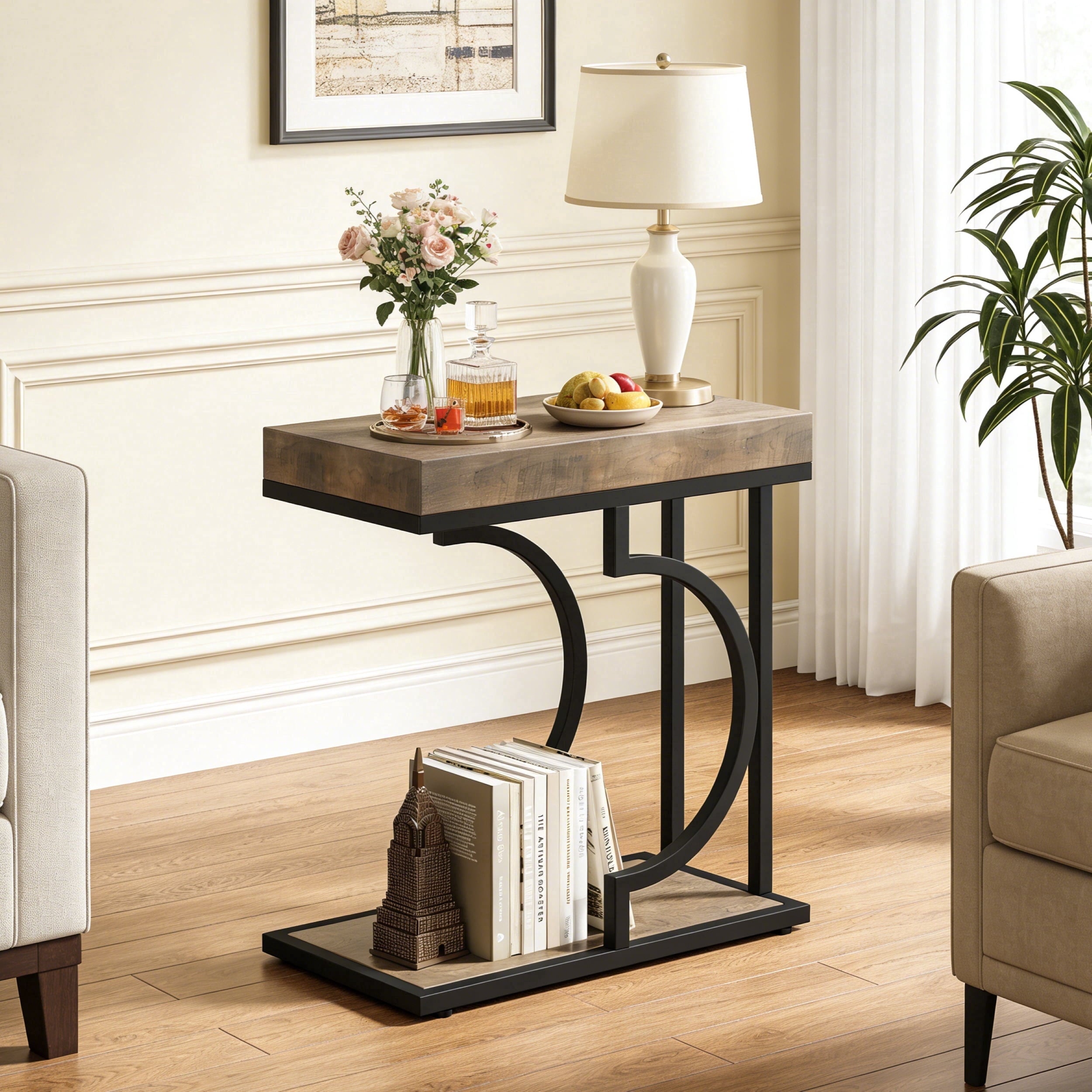 Fnova Narrow Side Table, C-Shaped Modern End Table with Metal Frame, Small Sofa Side Table for Living Room, Bedside Table for Couch,Gray